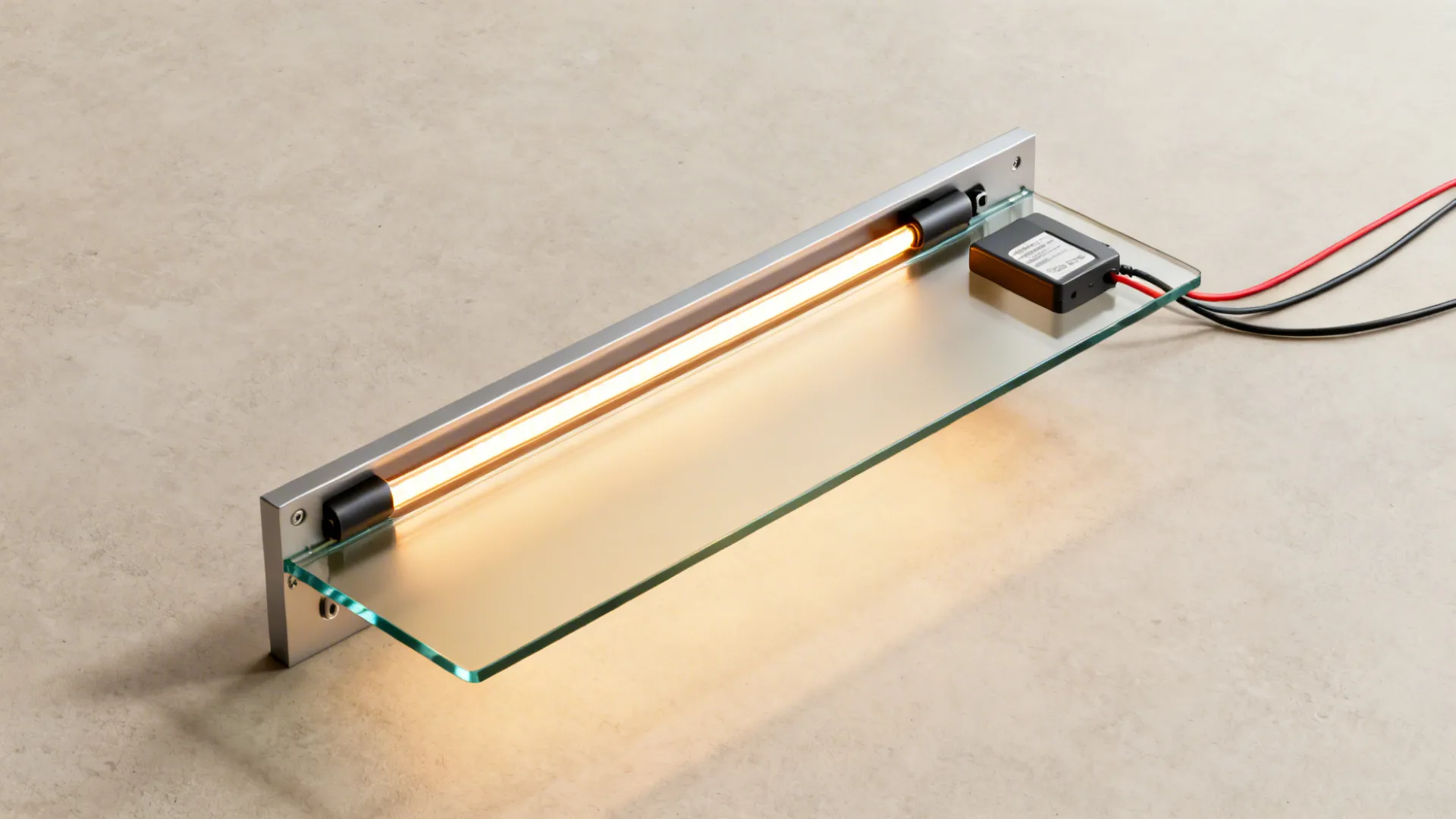 Glowing light fixture on a glass shelf with a metal base and thin power wires