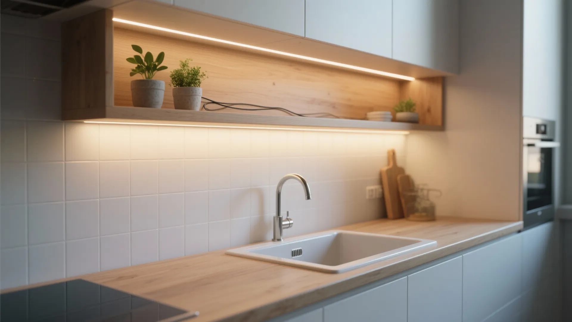 Minimalist kitchen with wooden countertop white tile wall sink and warm led light under cabinets