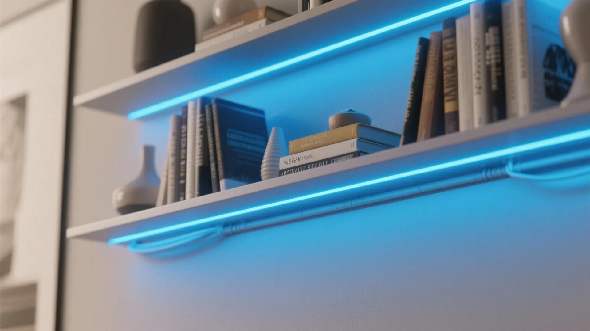 2. Use blue LED strips behind shelving for indirect glow