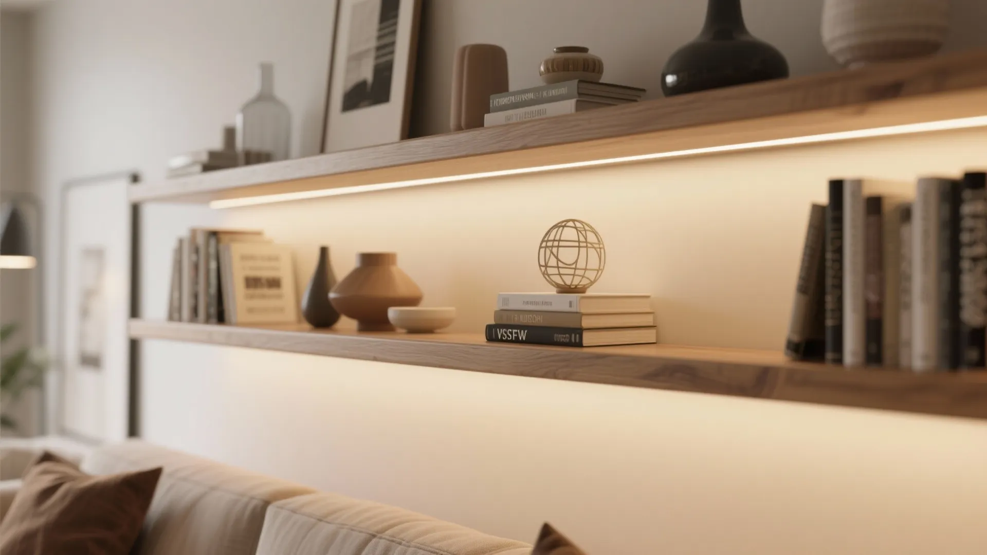 3. LED Strip Under Floating Shelves