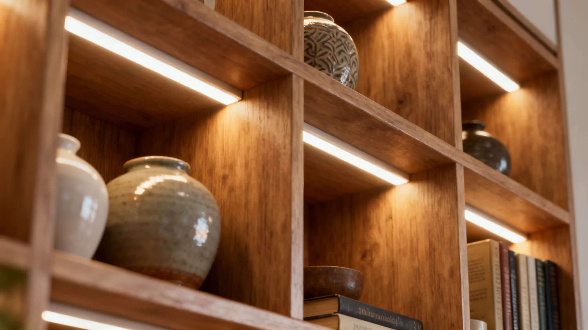 Open shelving softly backlit by warm white LED strips in diffused channels.