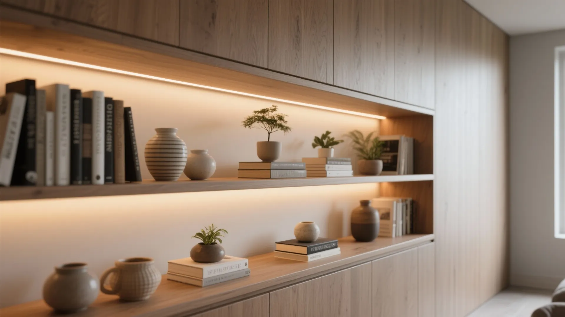 3. Built-in Shelving with Integrated LED Strips