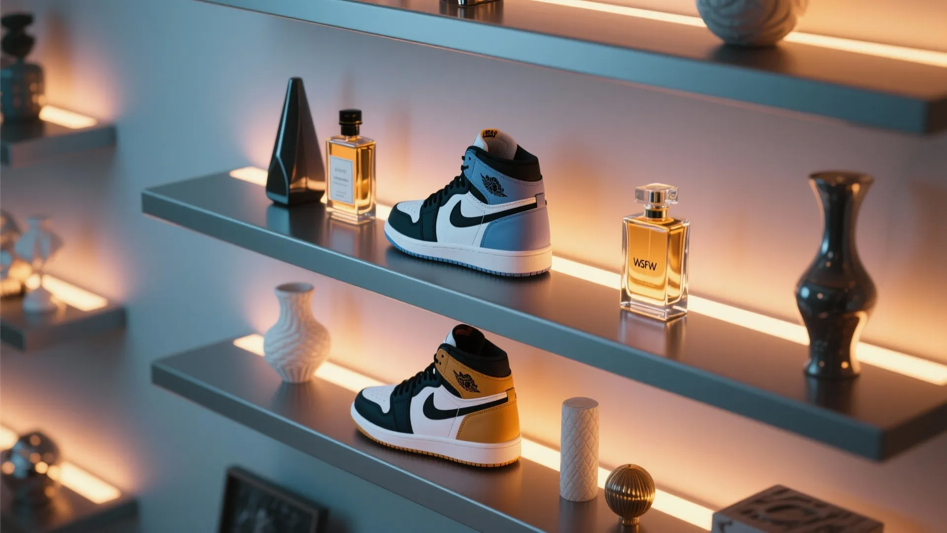 Shelving illuminated with LED lights showcasing decor