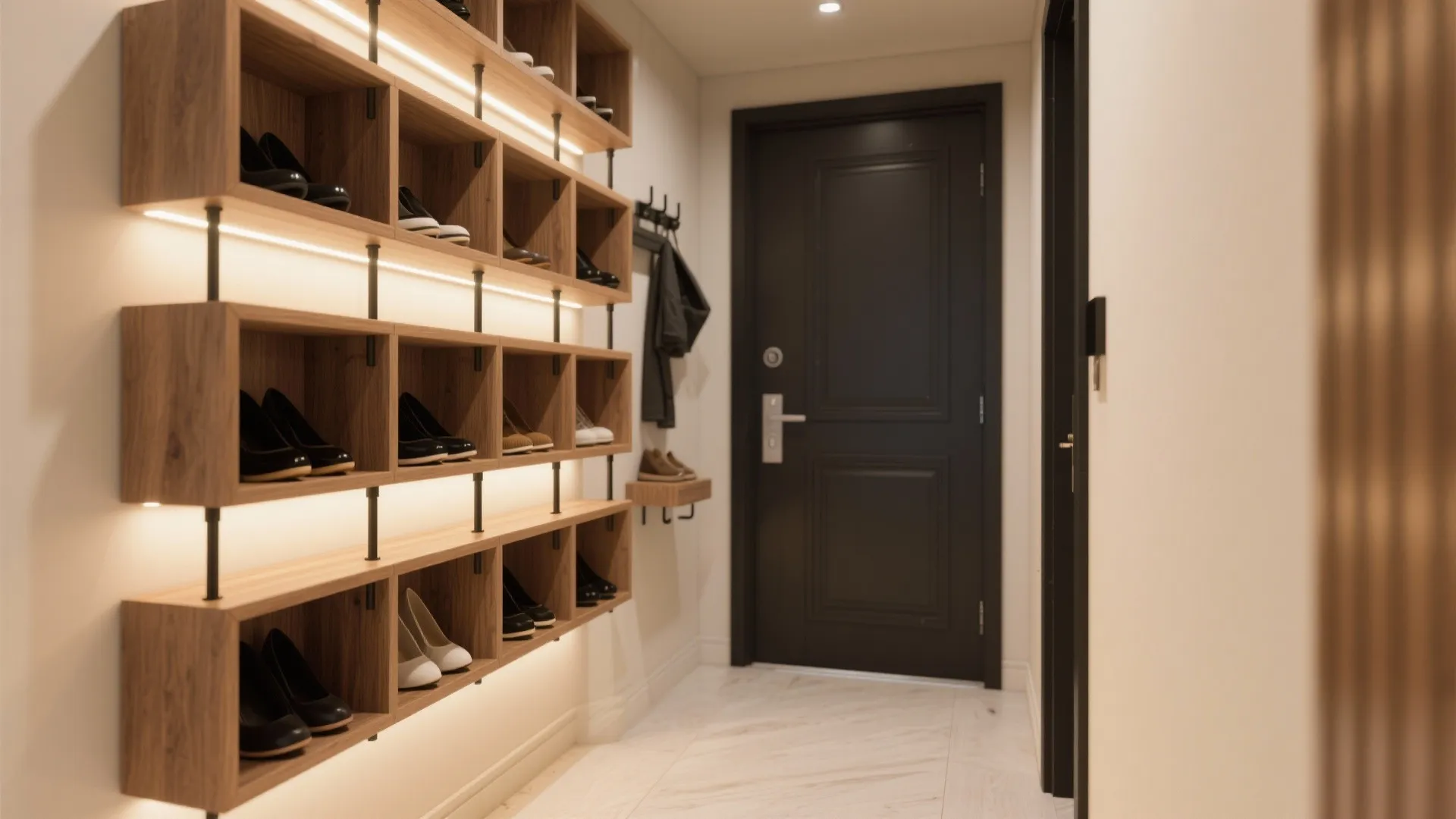 Floating shelves and cubbies with LED accent lighting