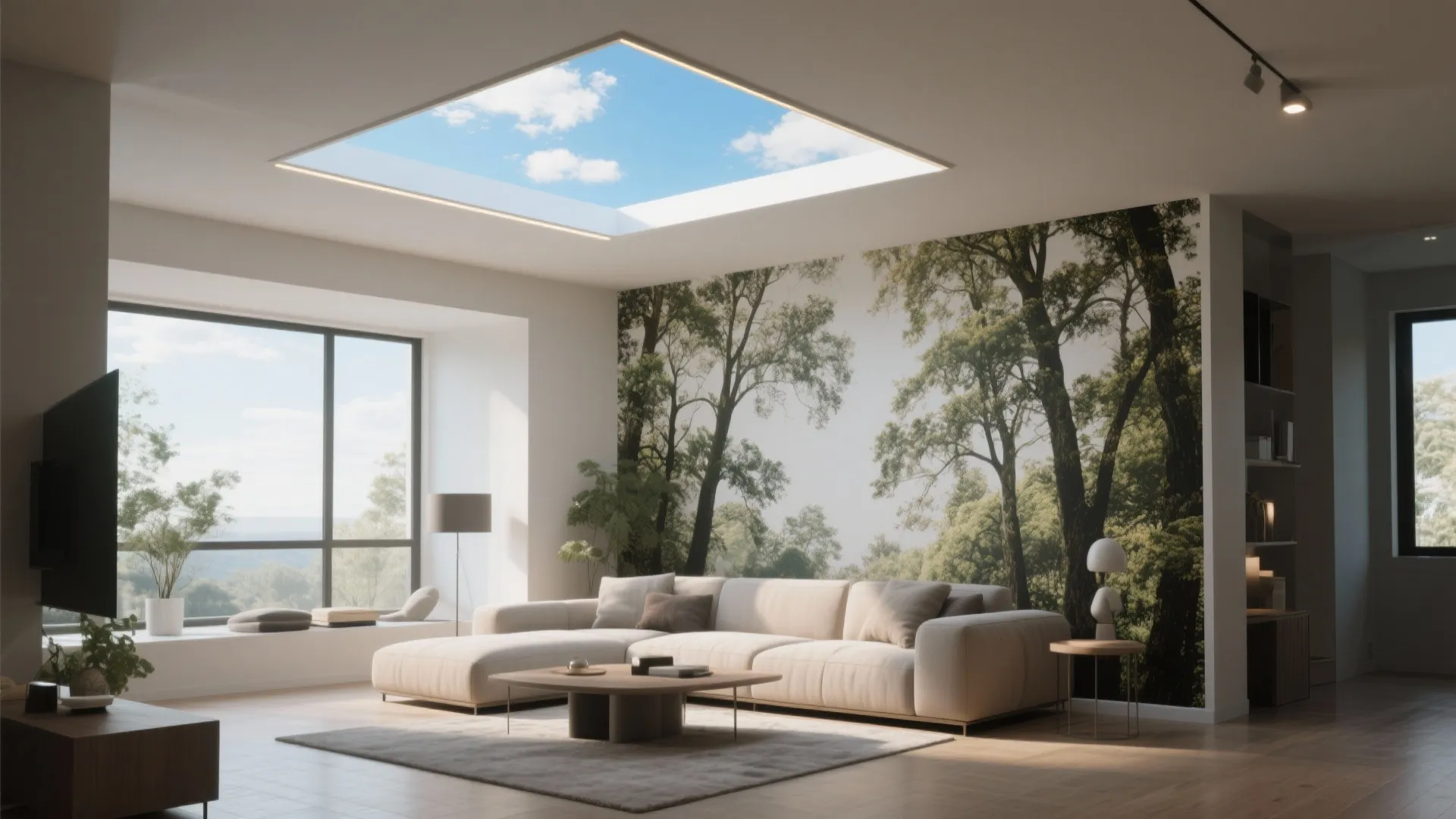 Bright living room featuring square roof window forest wall panel cream sofa and large floor windows