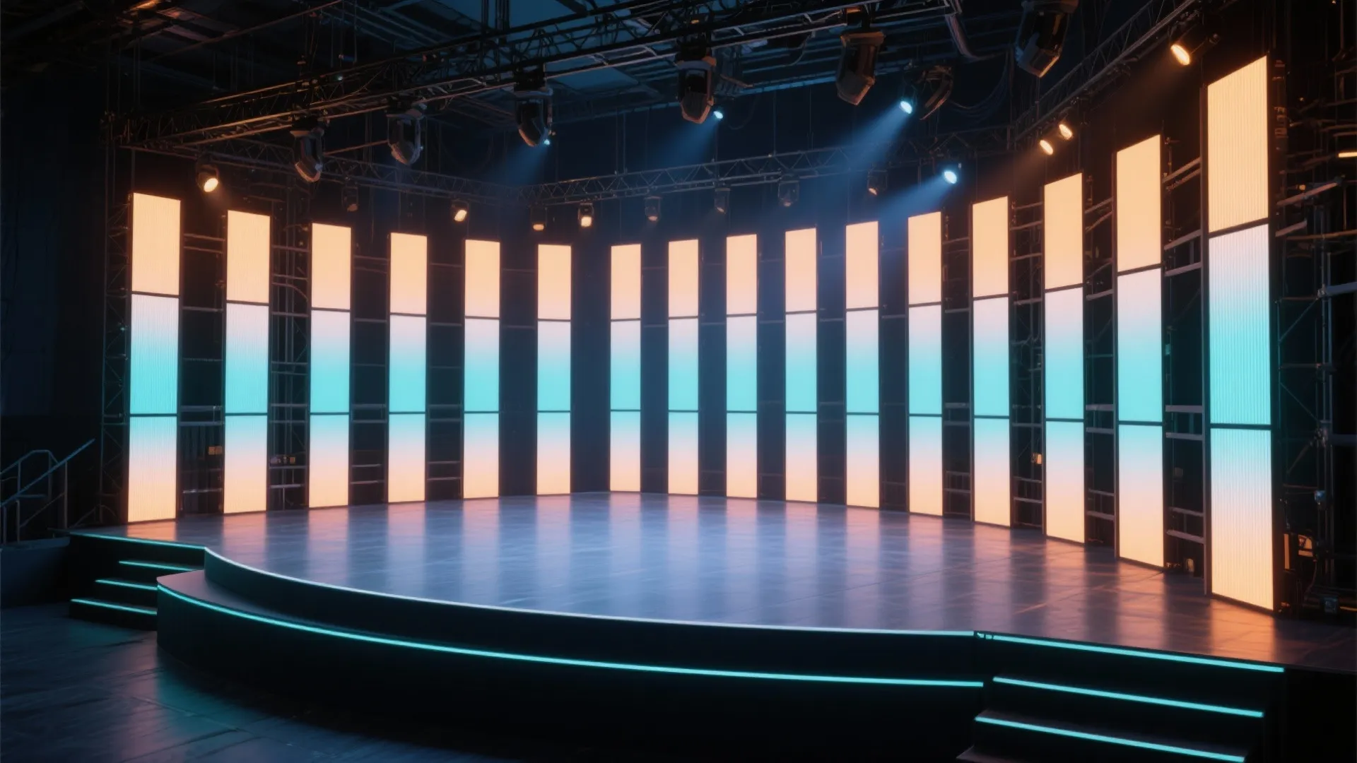 Modern stage interior design drawing with many tall glowing light panels and overhead ceiling light fixtures