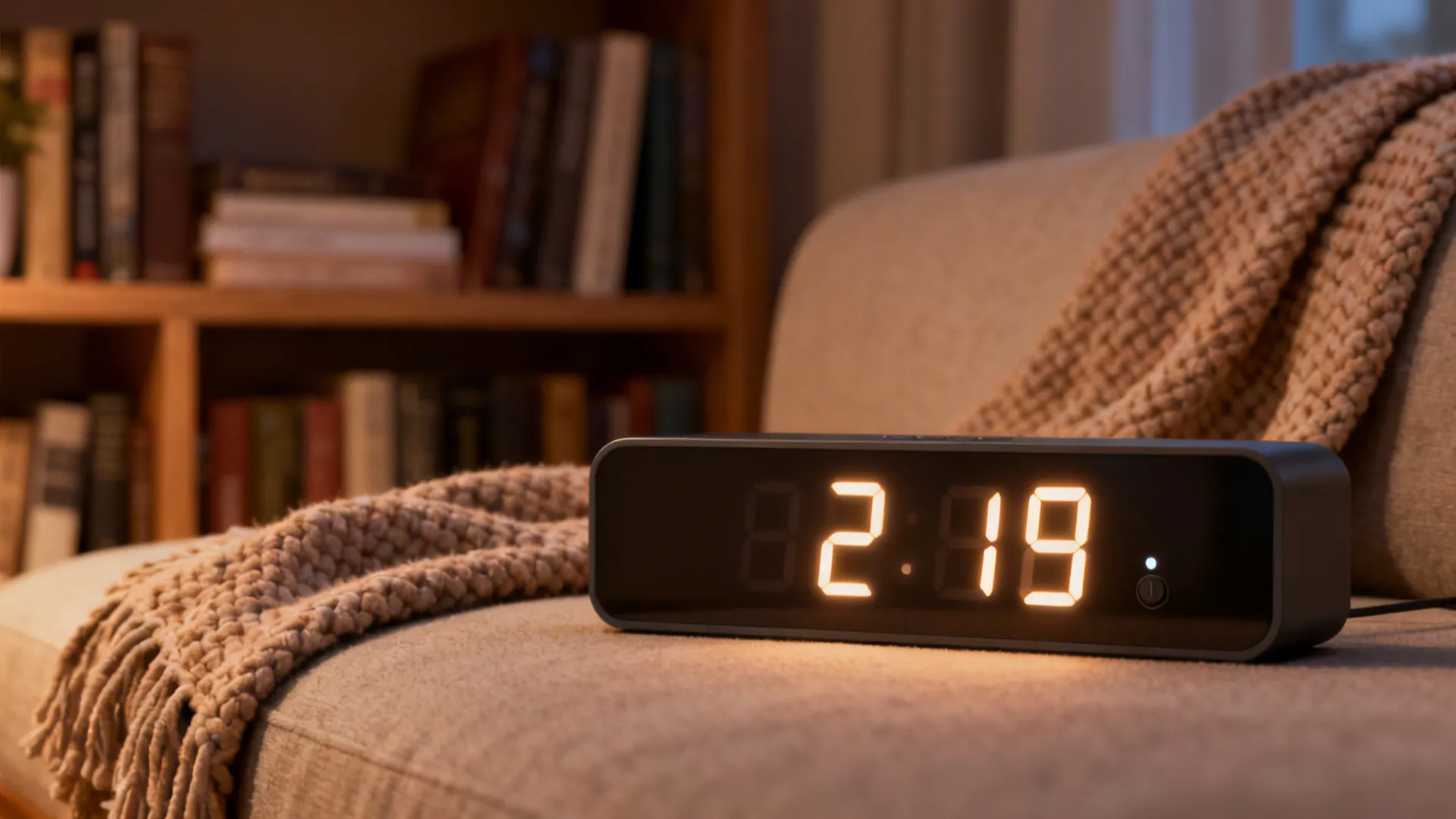 Digital alarm clock with glowing orange numbers on a sofa with a warm knitted blanket