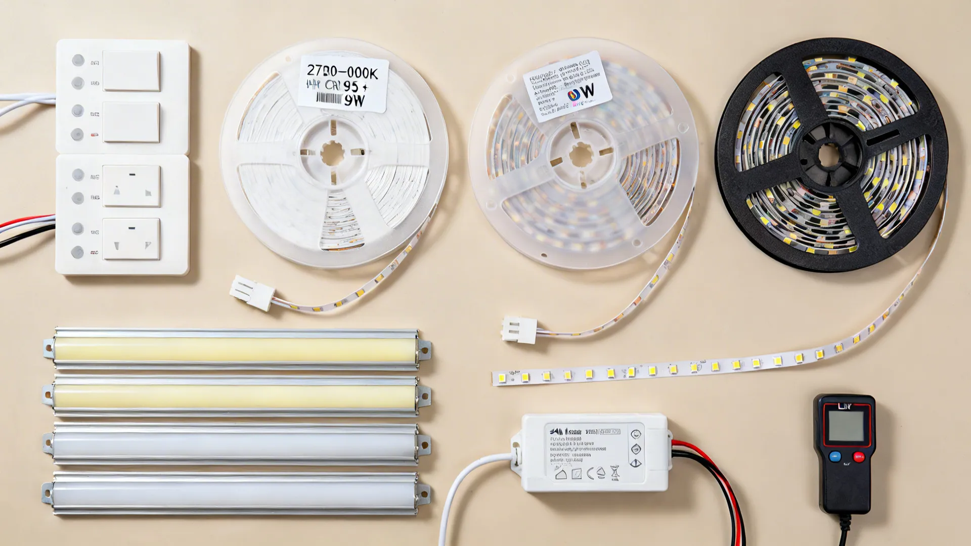 Flat lay of LED strips, channels, drivers, and smart dimming controls suitable for living rooms.