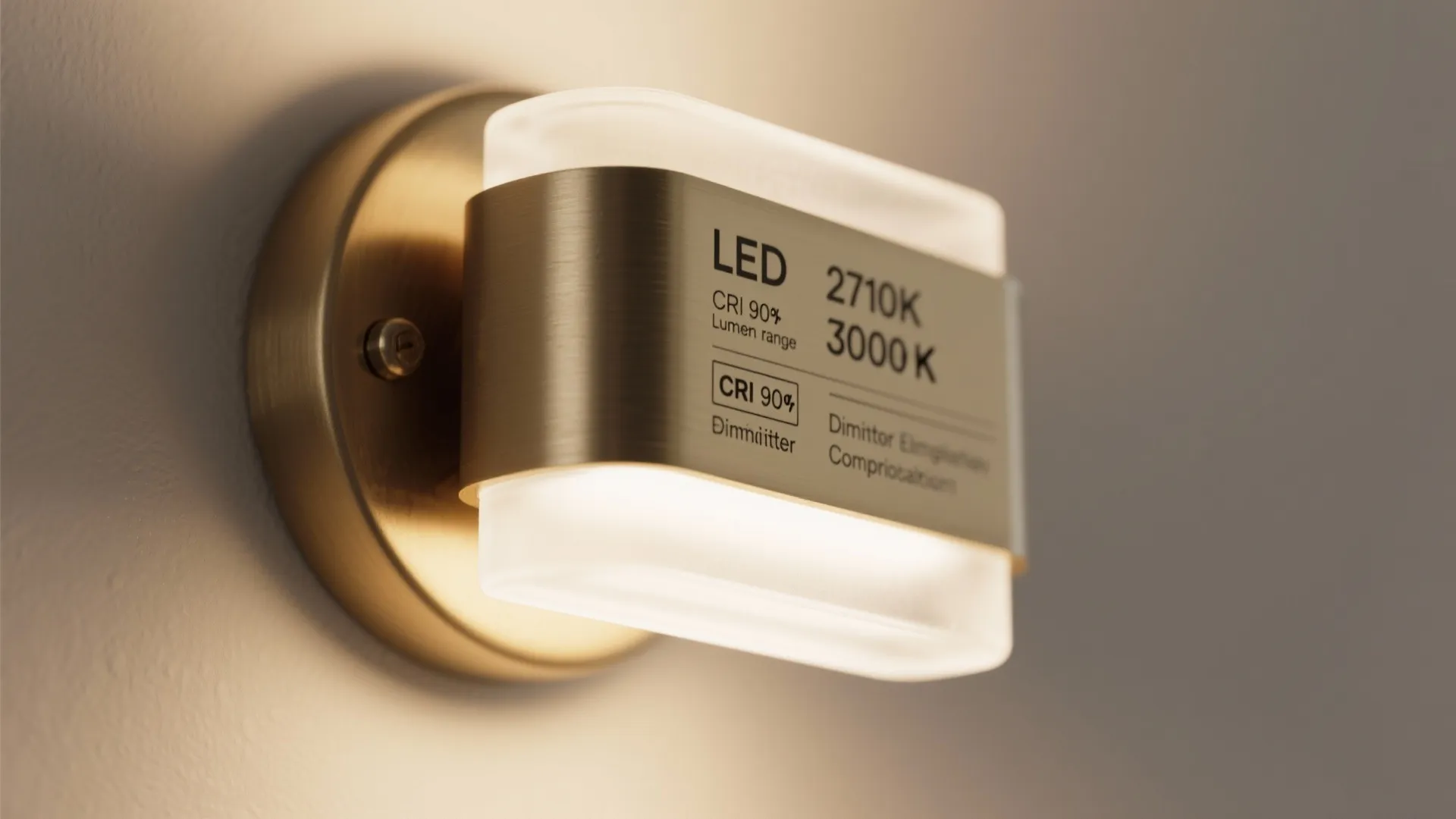 Macro view of LED sconce specs highlighting color temperature, CRI 90+, lumens, dimming, and frosted diffuser.