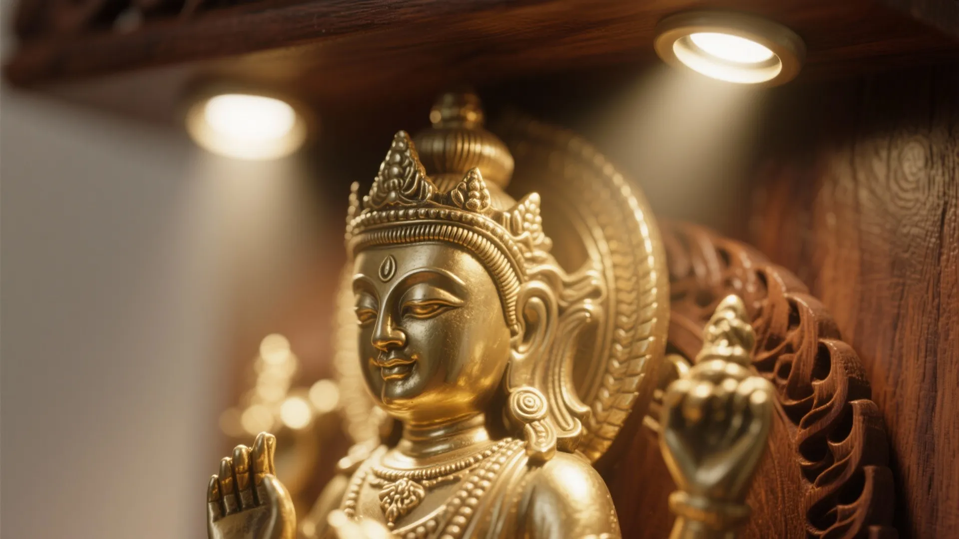 Golden statue placed under warm ceiling light fixtures on a dark brown wooden shelf display