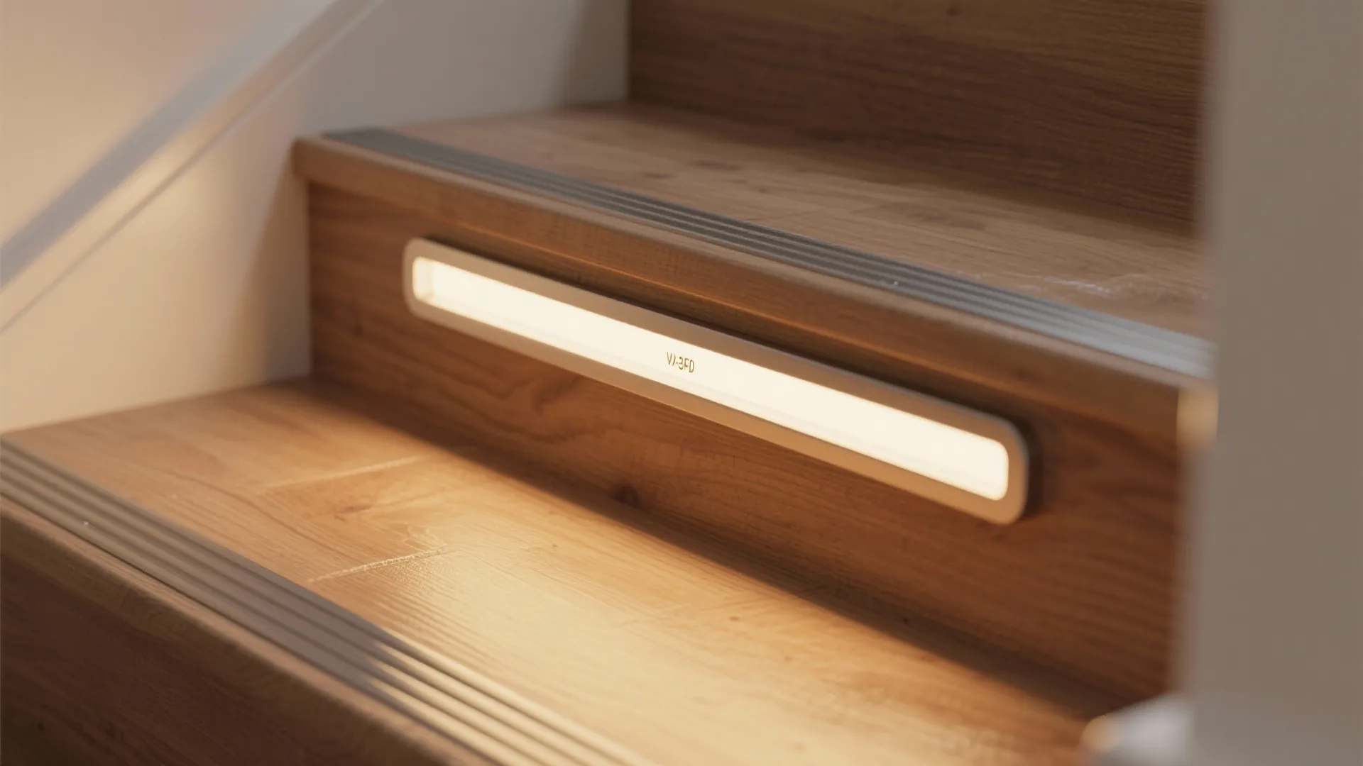 Close up of a wooden stair step with an integrated warm light fixture for safety lighting