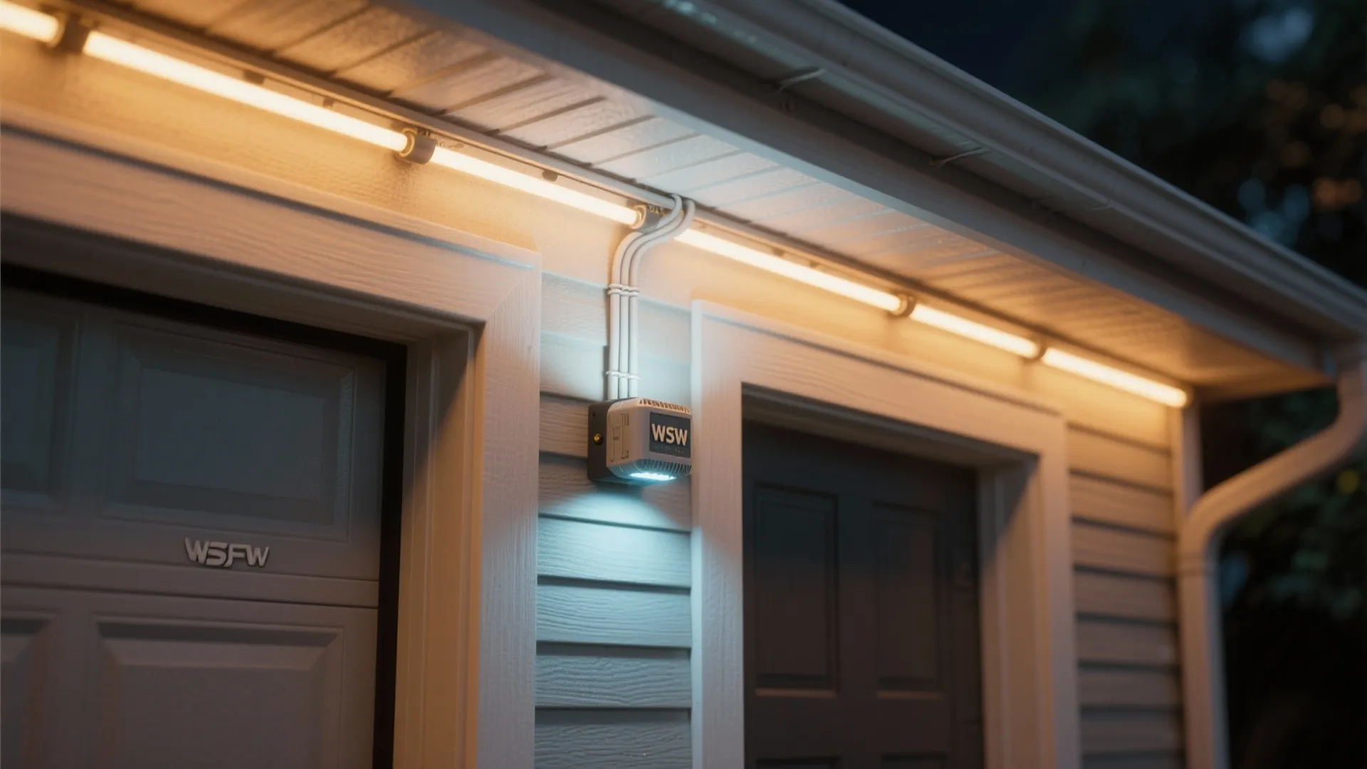Warm light strip installed under roof edge with white siding and gray garage door background
