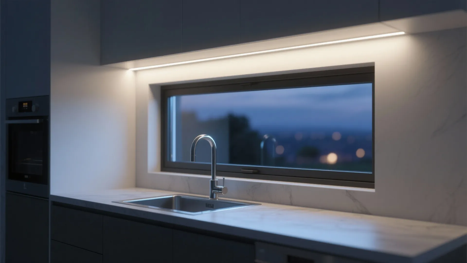 Modern kitchen with warm led light strip under cabinet above sink and a black window