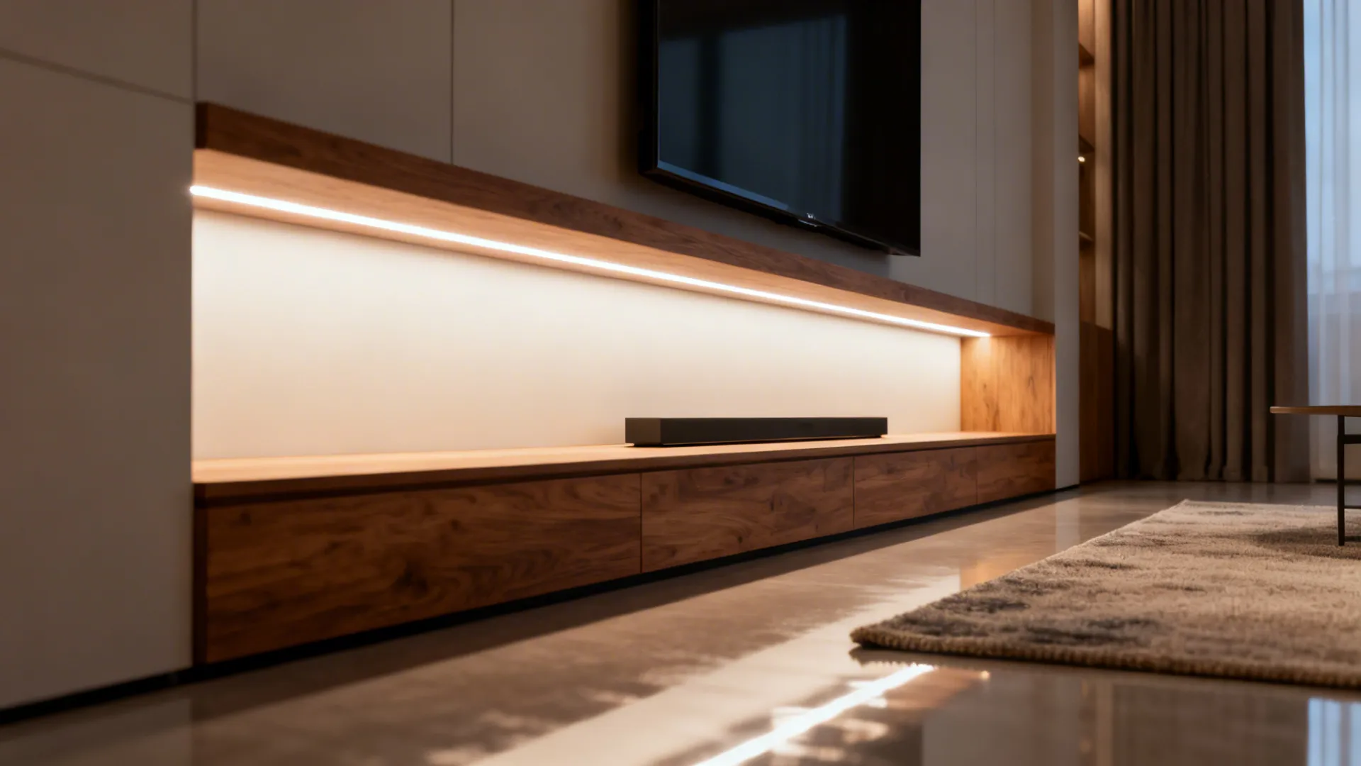 Narrow living room with diffused warm white LED strips under a console and behind the TV creating depth.