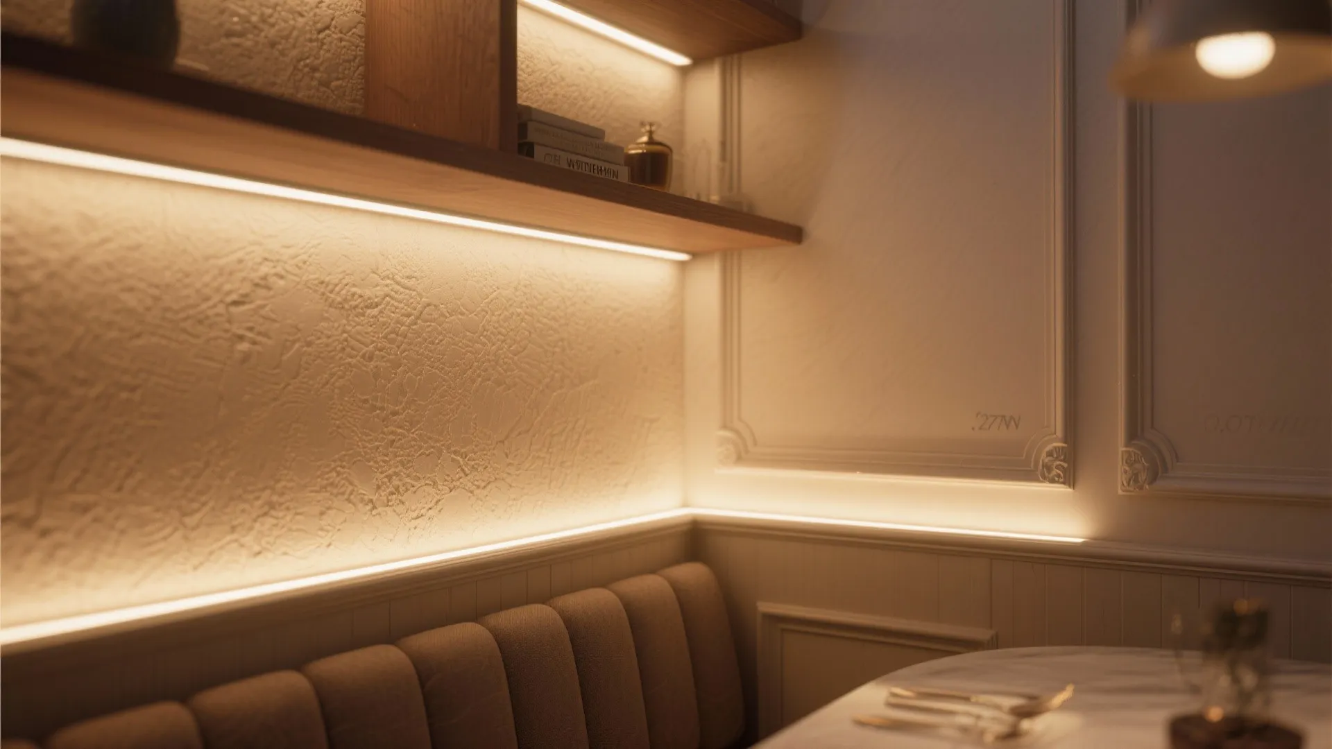 Warm led light strips under wooden shelves illuminating a textured wall panel in cozy corner
