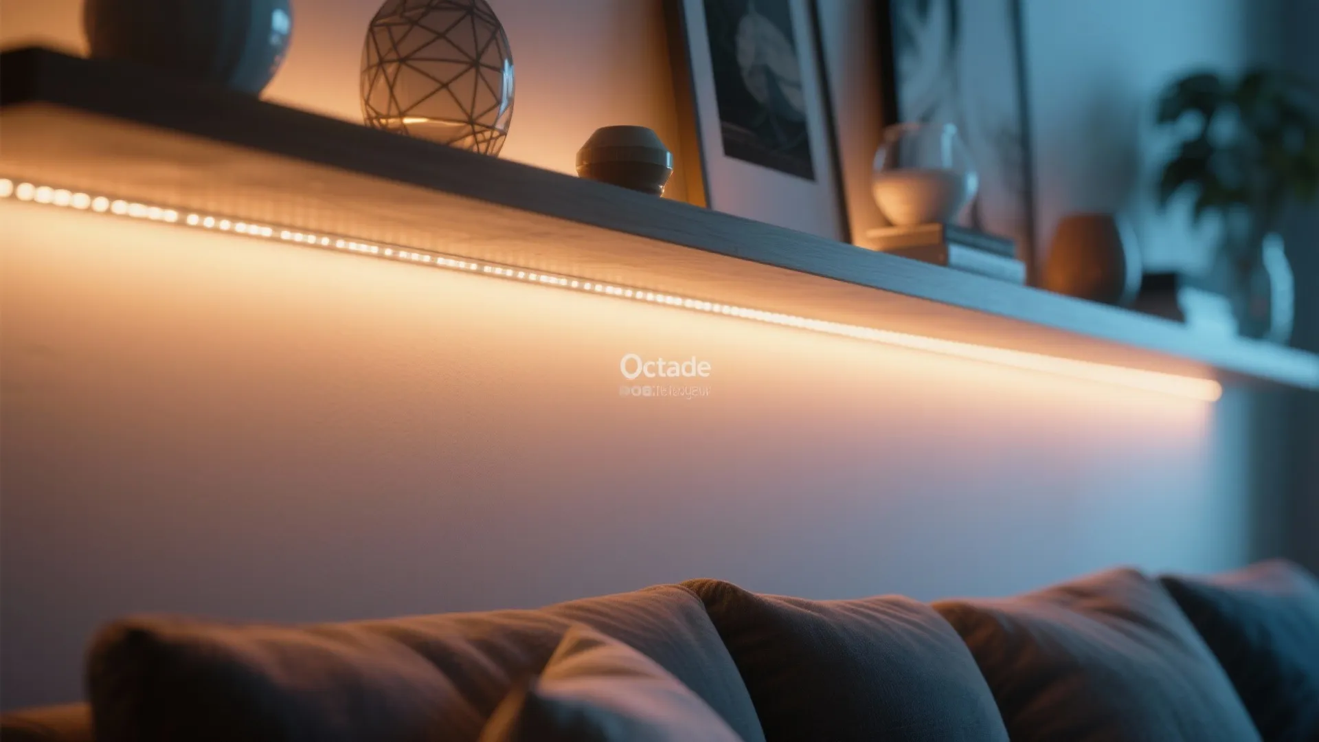 Warm LED strip light under wooden shelf above grey sofa cushions in a modern room