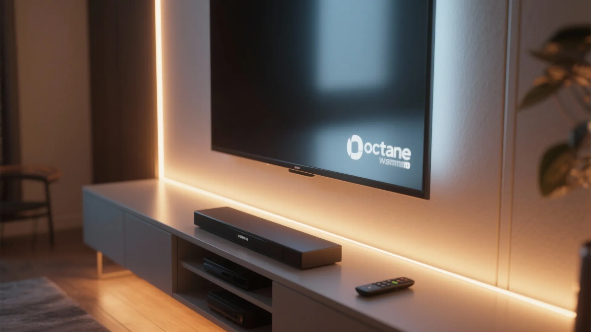 Modern television mounted on wall above white cabinet with warm light strip and a black remote