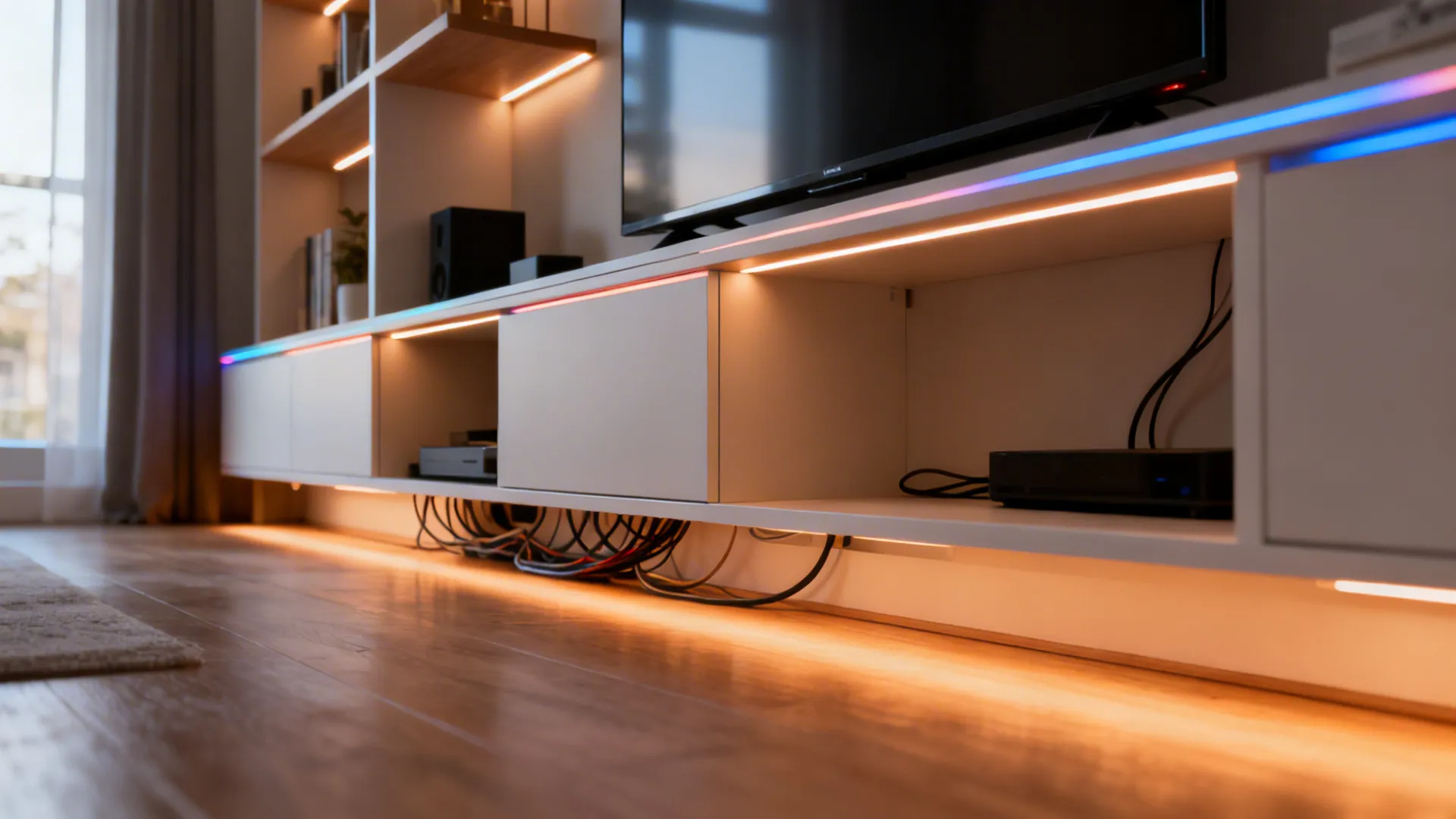 Warm LED strips hidden behind a media unit and shelves creating ambient zones