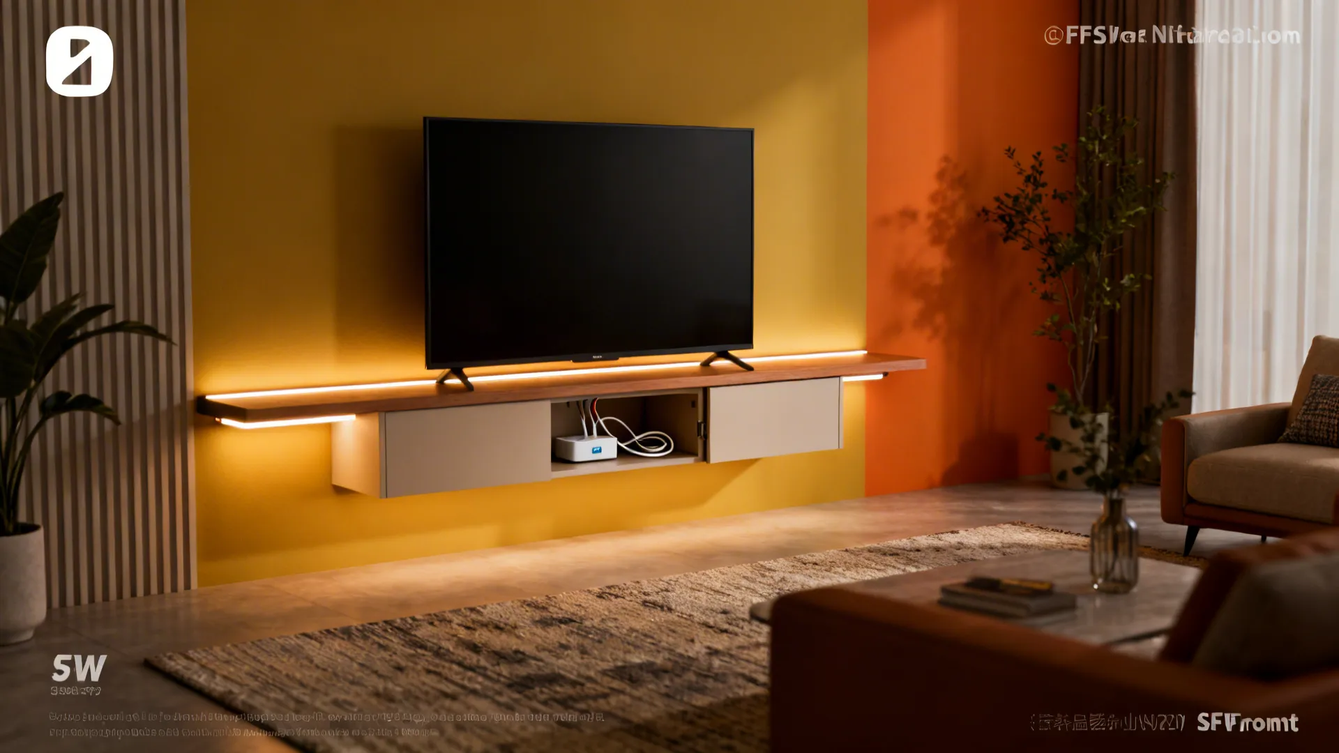 TV wall and floating shelf with LED strip backlight creating ambient depth and hidden rechargeable hub.