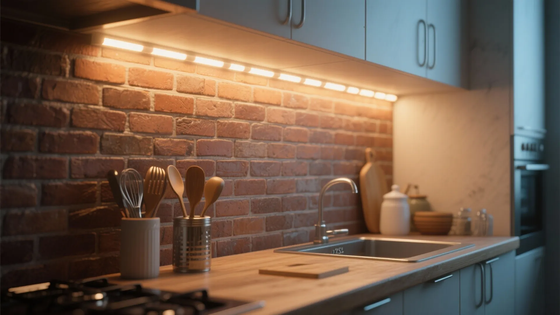 Compact kitchen backsplash with warm LED strip softly illuminating exposed brick.