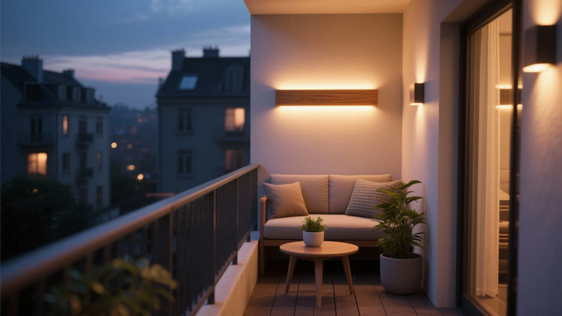 Cozy apartment balcony at night with sofa, small round table, potted plants, and wall lights