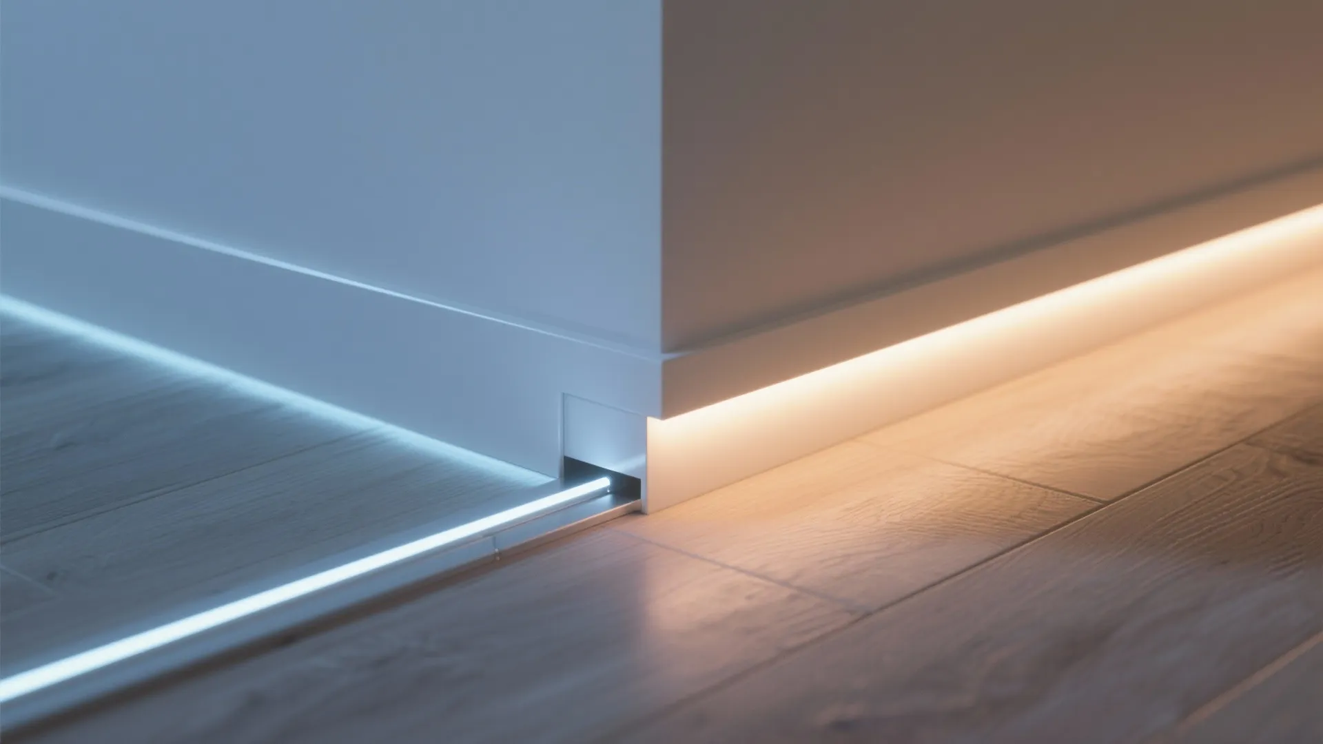 LED strip recessed in baseboard channel producing a clean floating pathway light along the hallway floor.