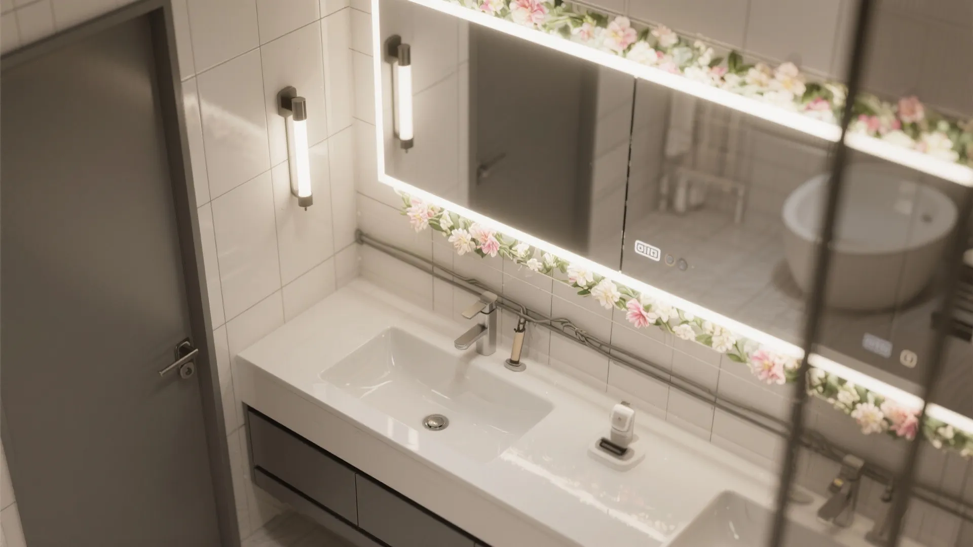 Modern bathroom with white sink and illuminated mirror decorated with pink and white flower garlands