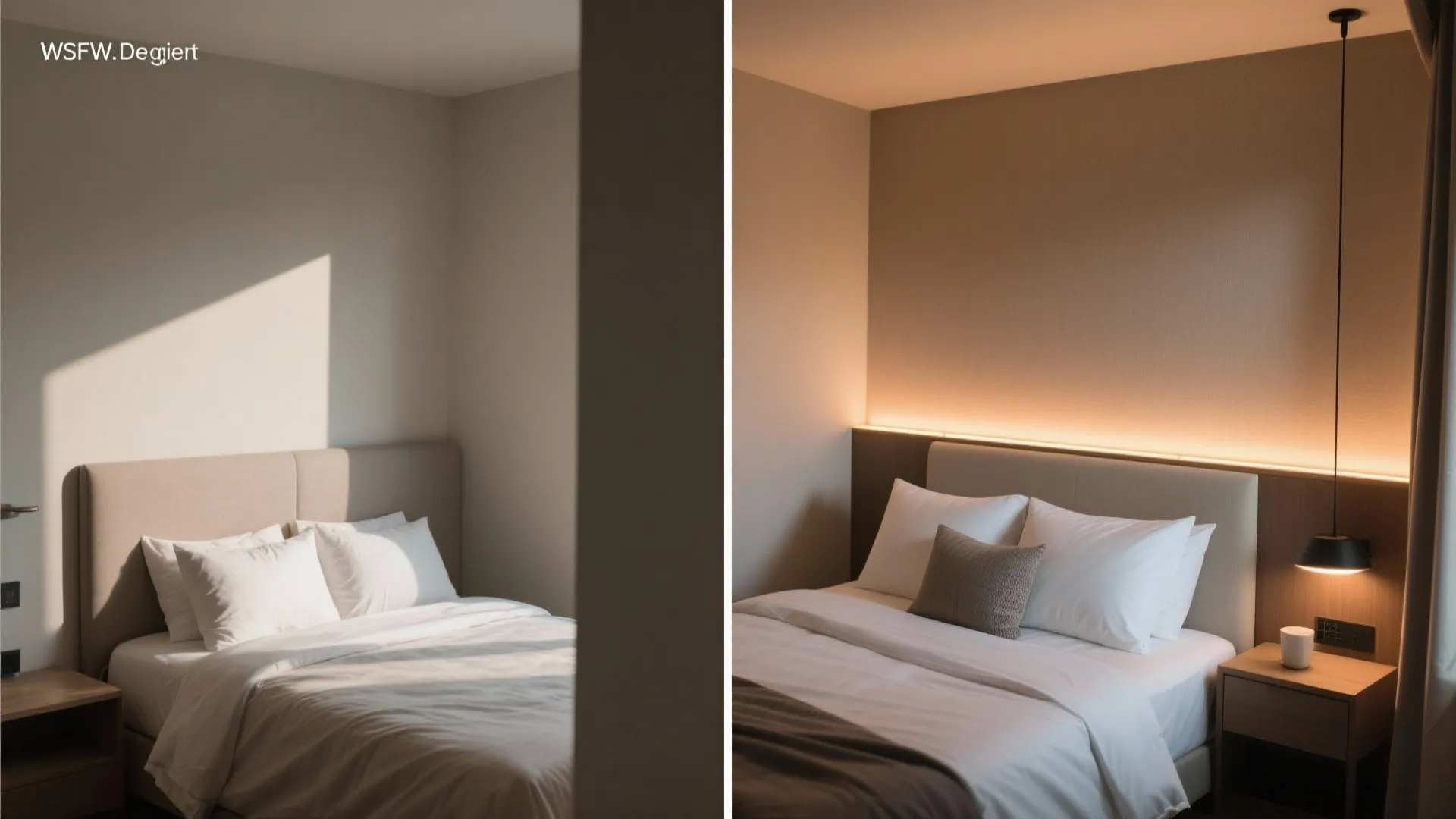 Before and after comparison showing a bedroom with natural sunlight and warm hidden led lighting