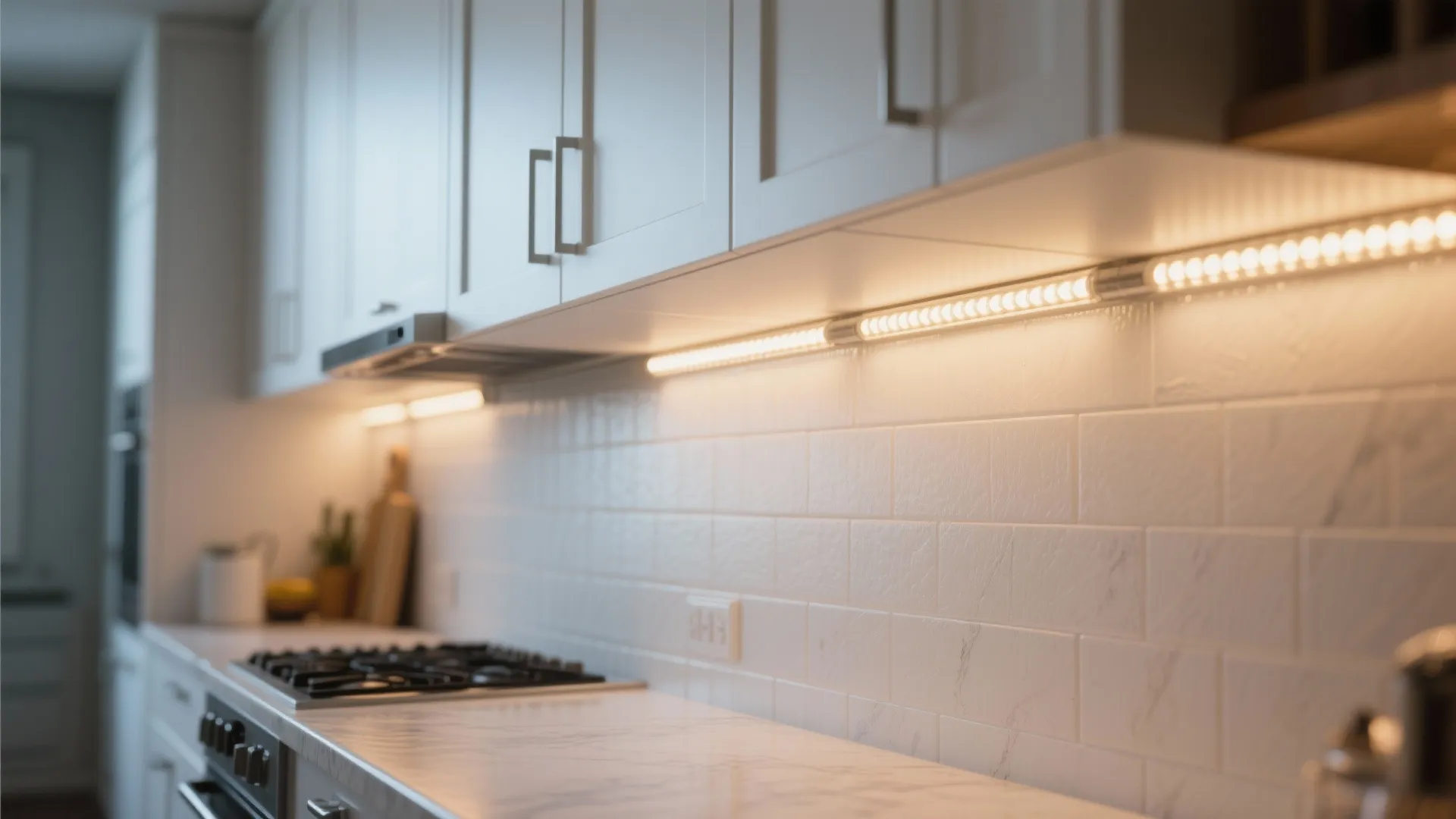 Modern white kitchen cabinet with warm led light strip under cabinet highlighting the marble backsplash