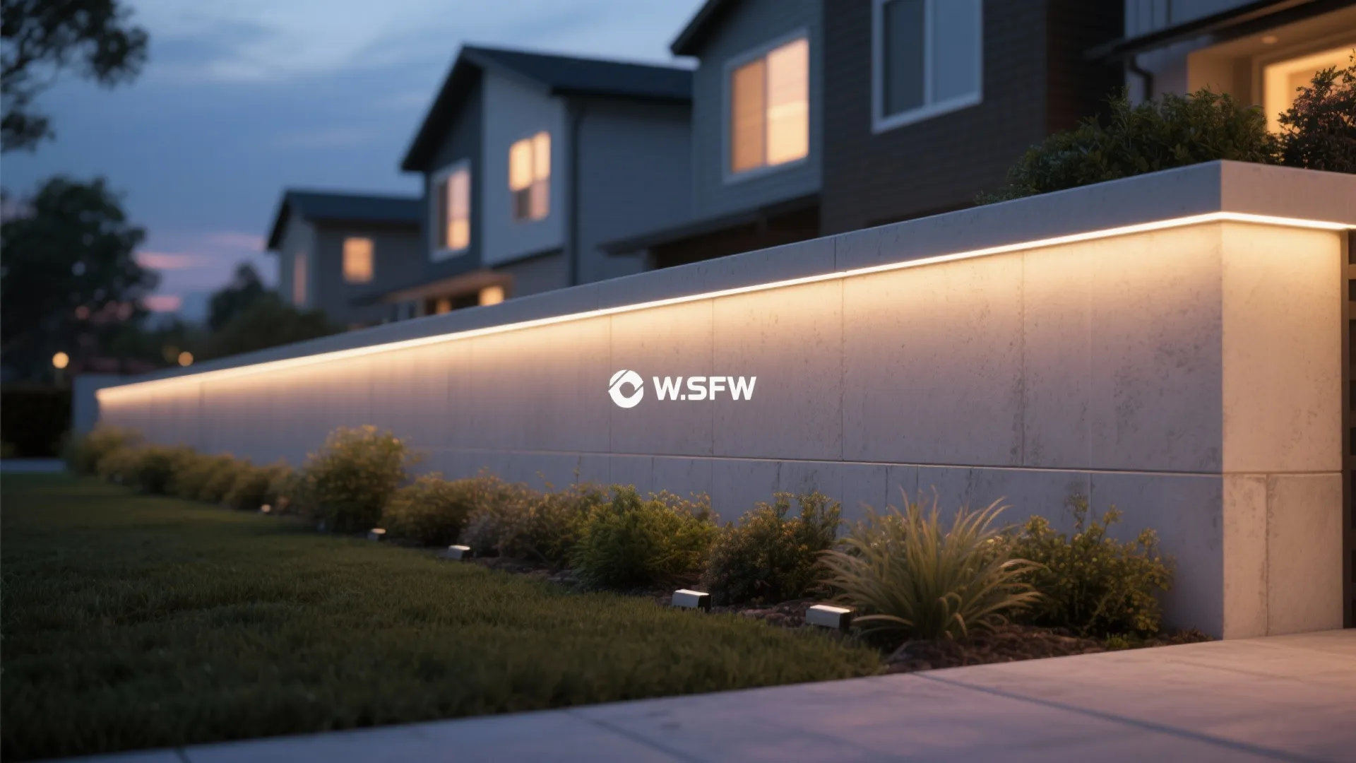 Modern garden wall with led light strip under top edge illuminating lawn and green bushes