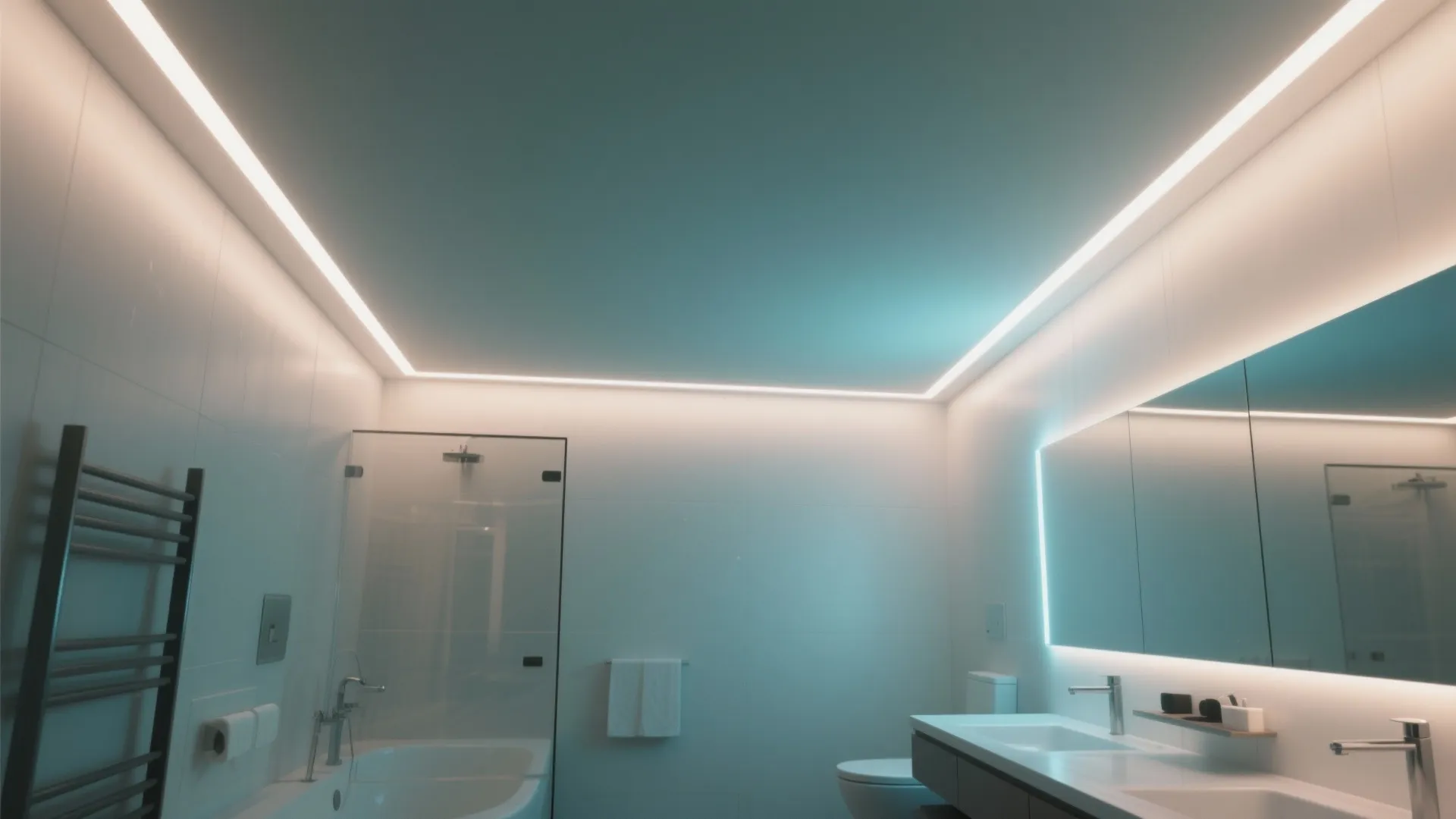 Bathroom interior design featuring bright light strips around the ceiling and a large lighted mirror