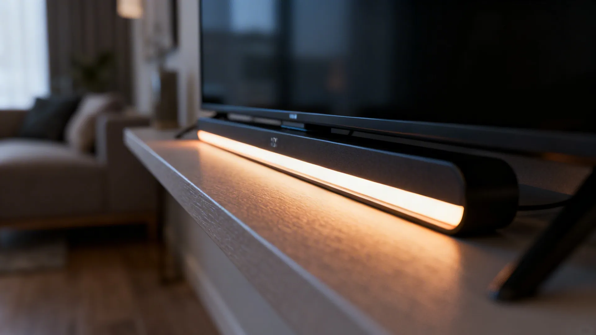 Close-up of a slim LED strip clock behind a TV emitting adjustable warm ambient light