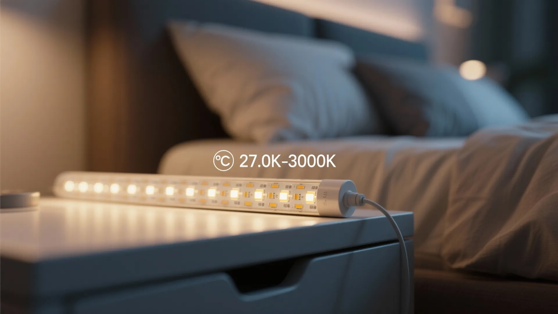 Close-up of a dimmable LED strip behind a diffuser labeled 2700K–3000K