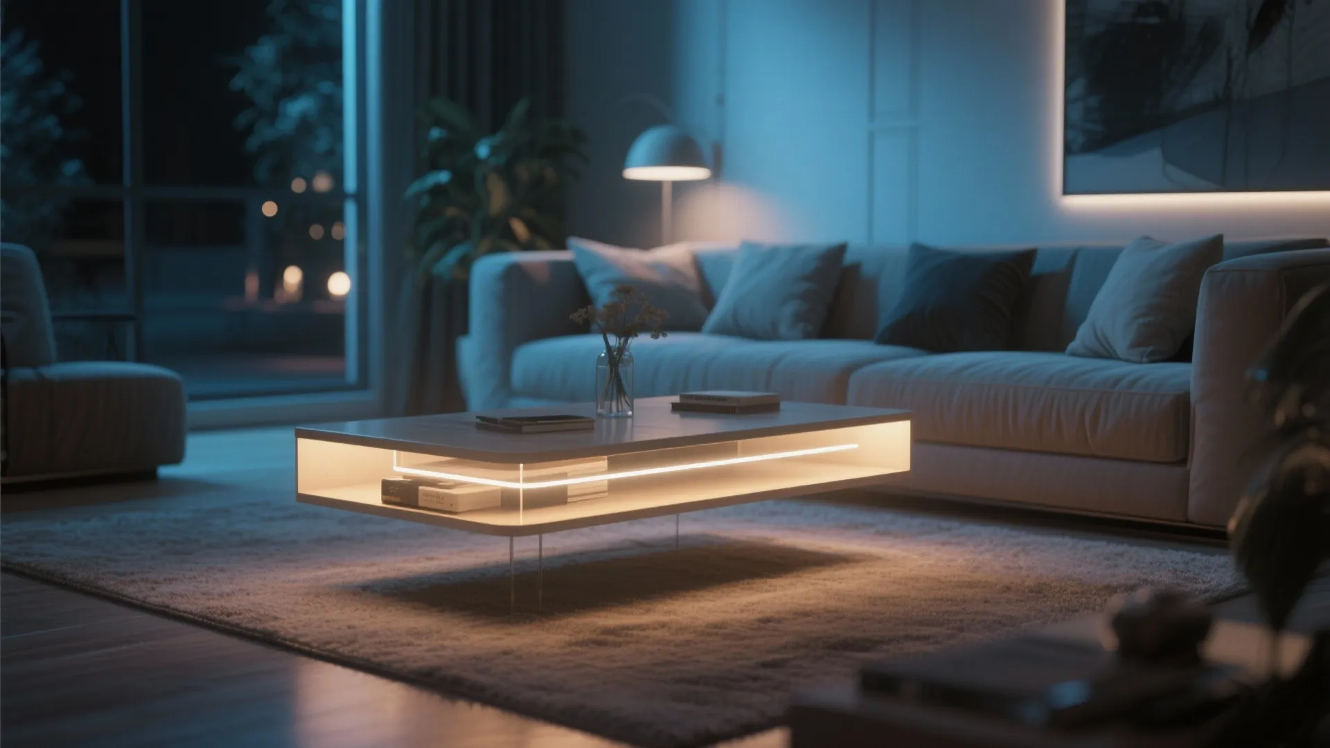 Floating console with warm LED light strips below
