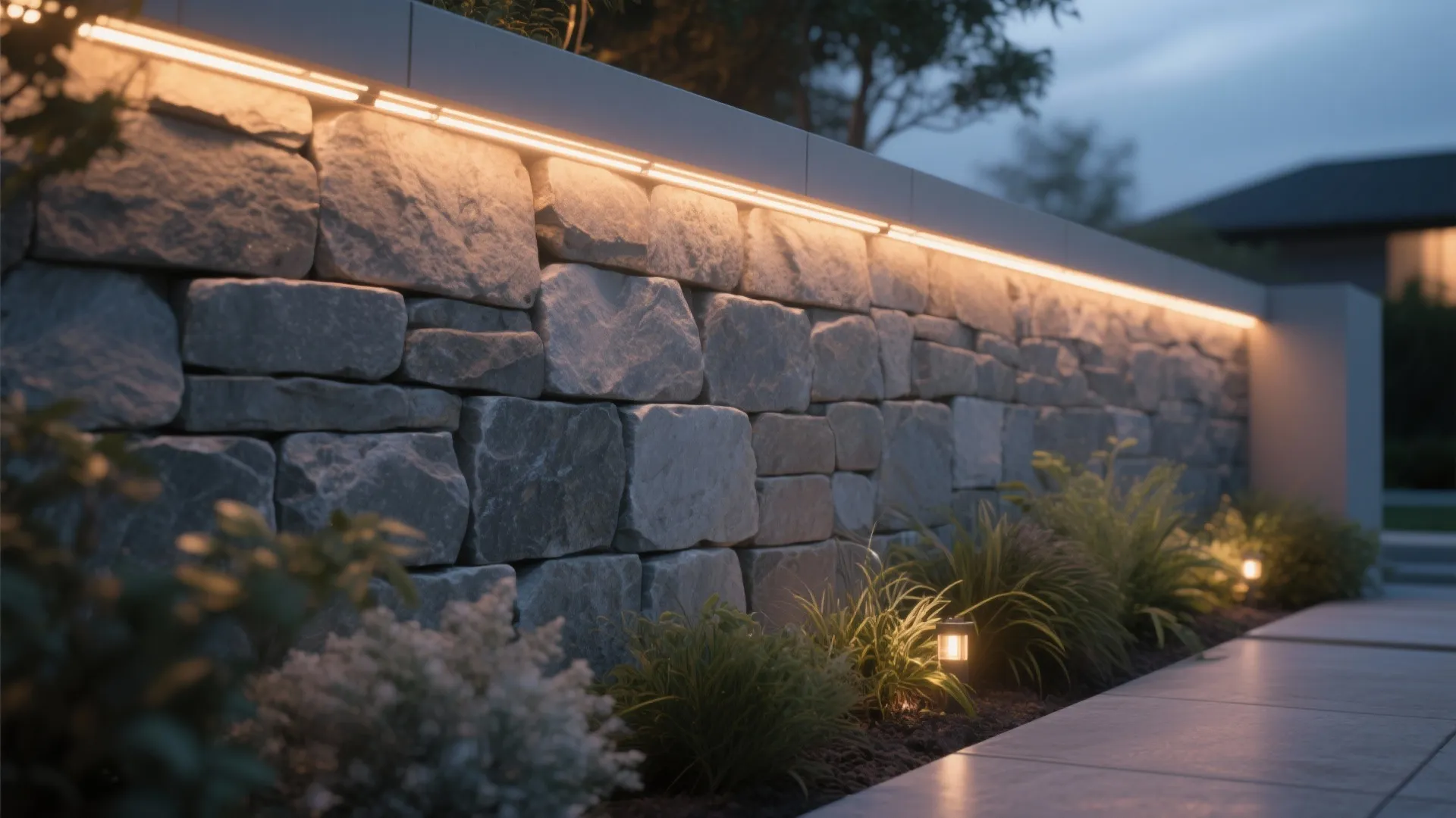 Stone wall with warm led strip lights under cap stone along garden path at night