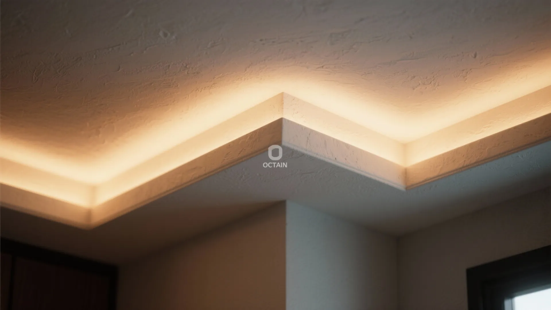 Modern ceiling with hidden warm led strip lights providing soft glowing illumination for indoor interior
