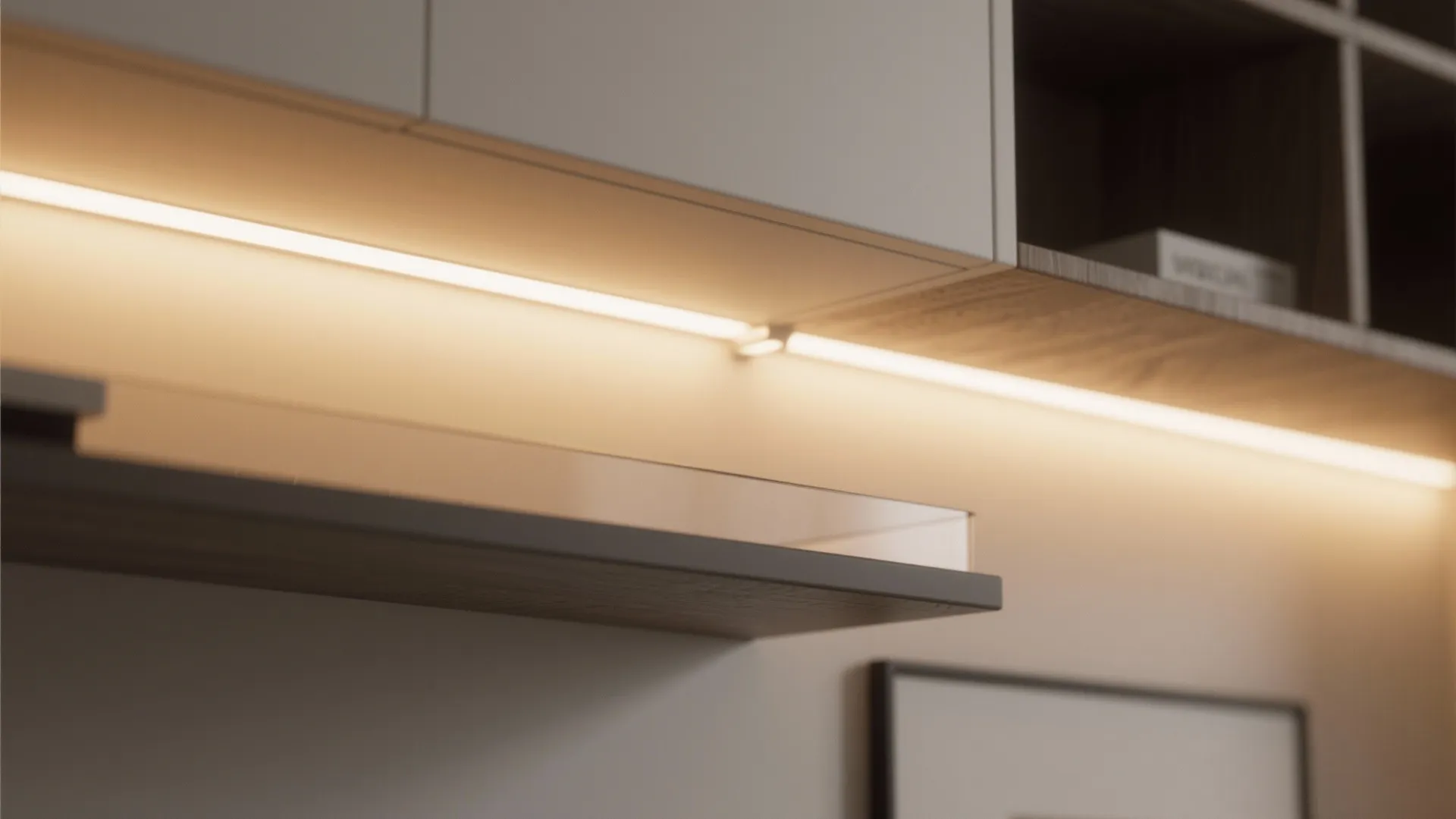 Modern kitchen cabinet with warm led strip light fixture installed under the shelf for bright illumination