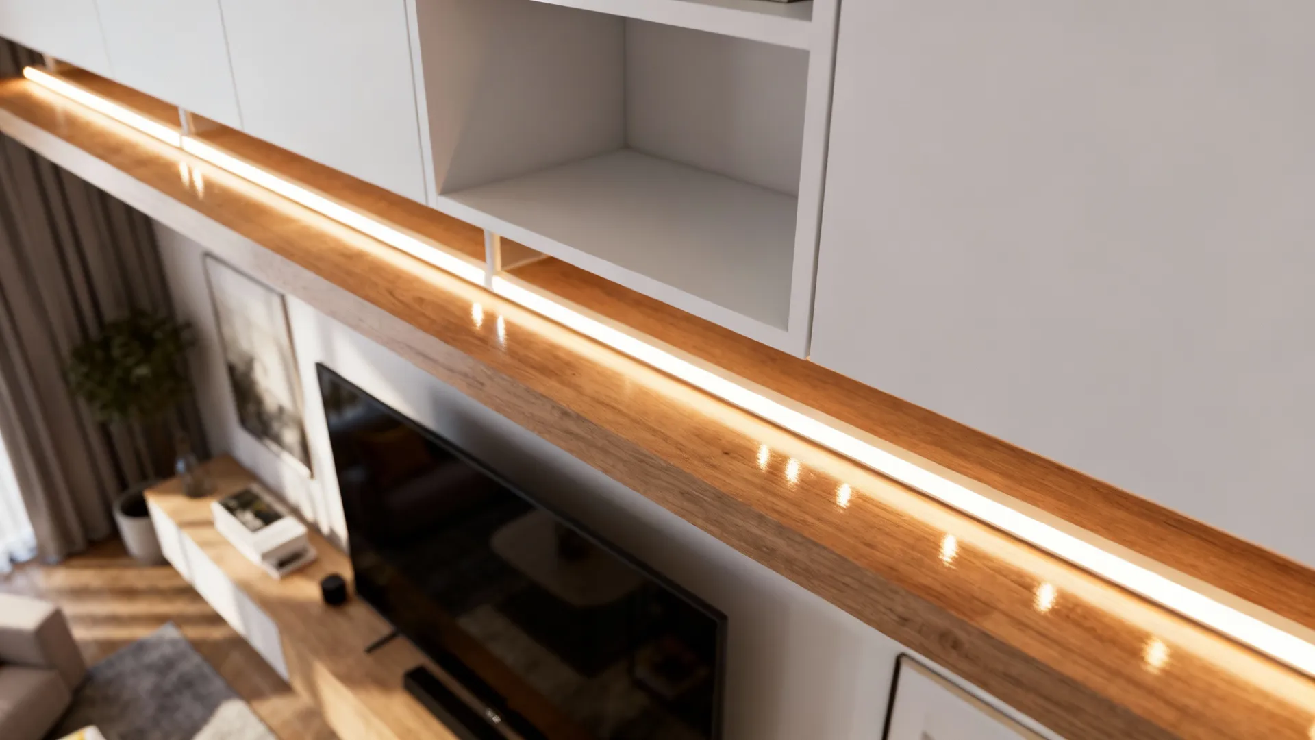 Warm LED strip lighting concealed behind a floating media unit and shelving