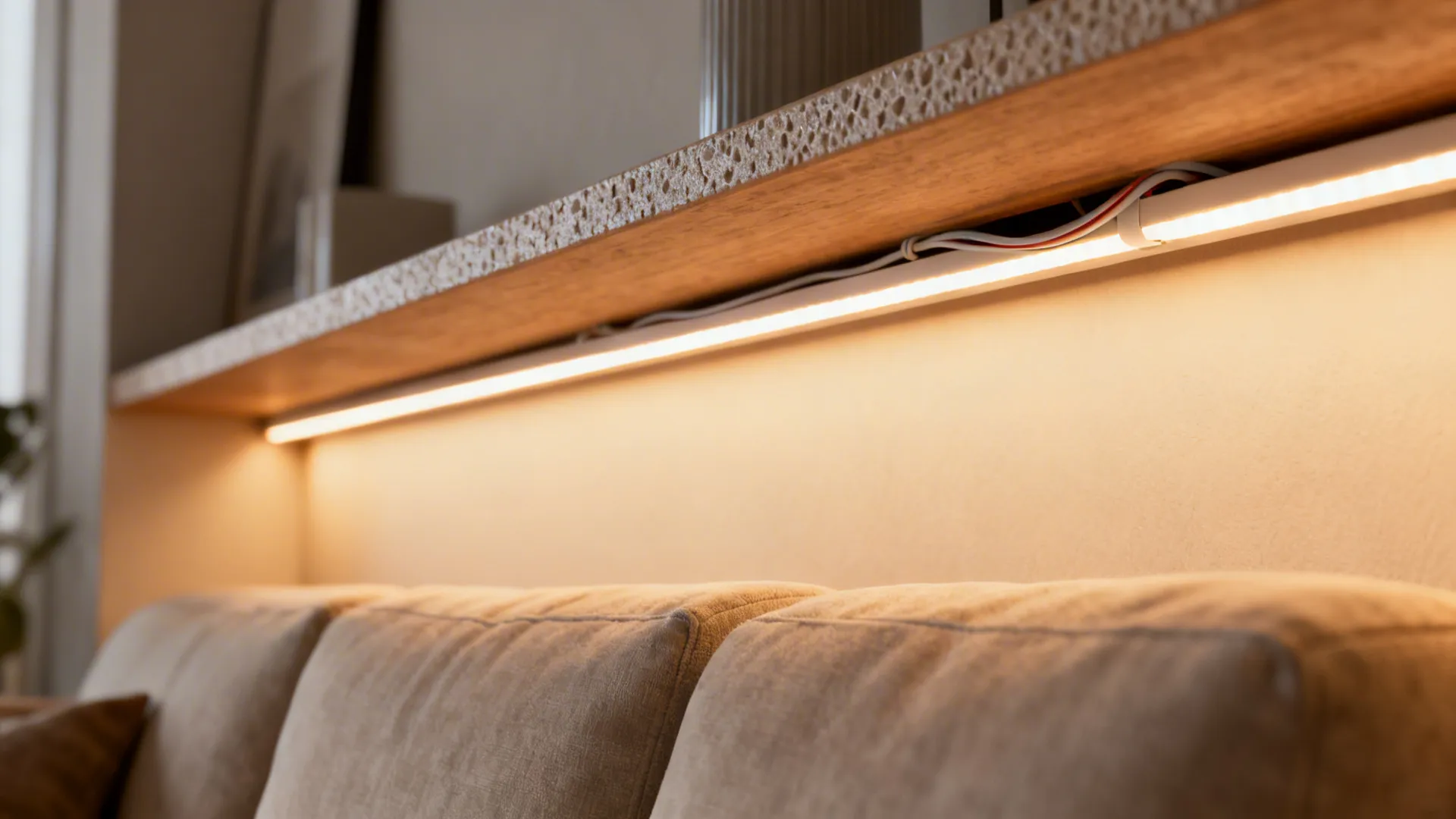Adhesive LED strip hidden under a shelf behind a sofa casting warm ambient light