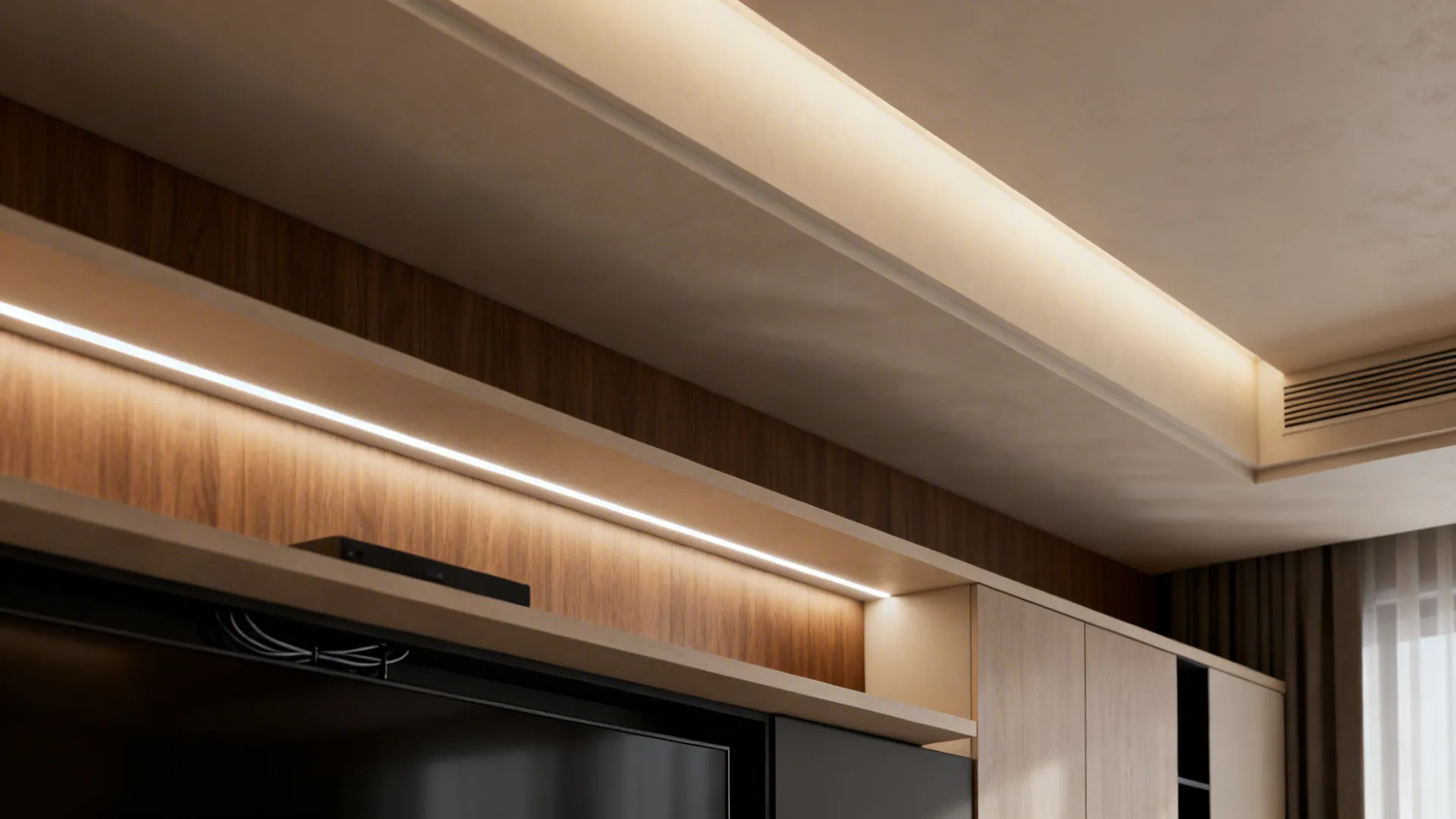 Hidden LED strip under a floating console and in a ceiling cove creating indirect ambient glow.