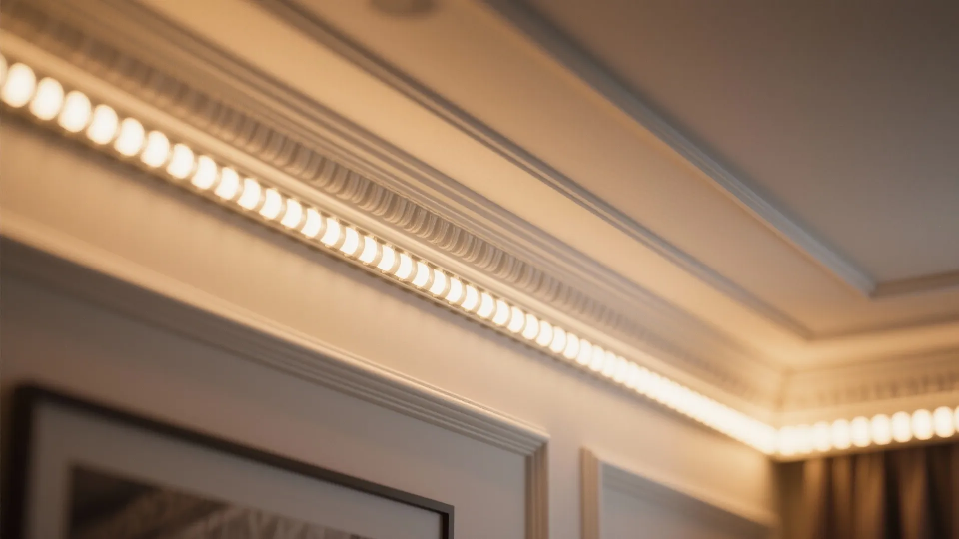 LED strip lighting hidden behind crown molding creating warm glow