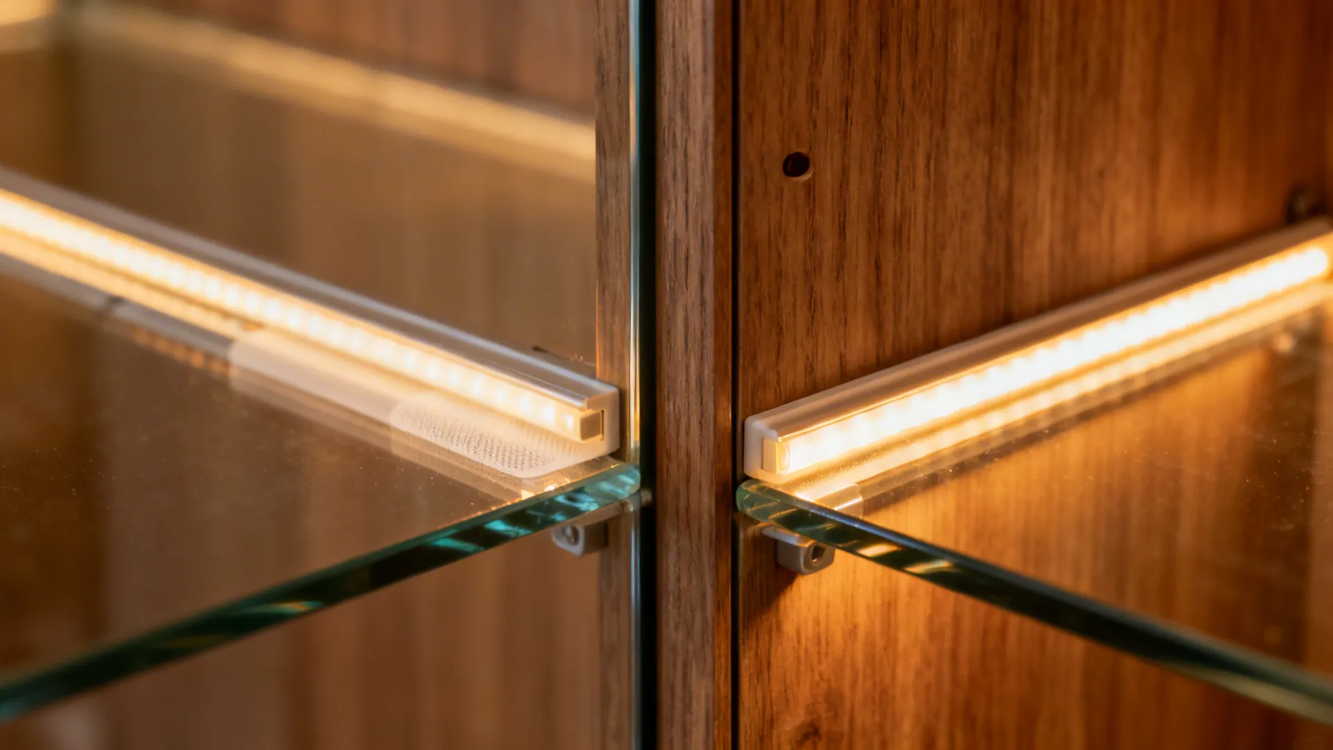 Macro detail of a warm LED strip and diffuser mounted inside a glass-front corner cabinet.