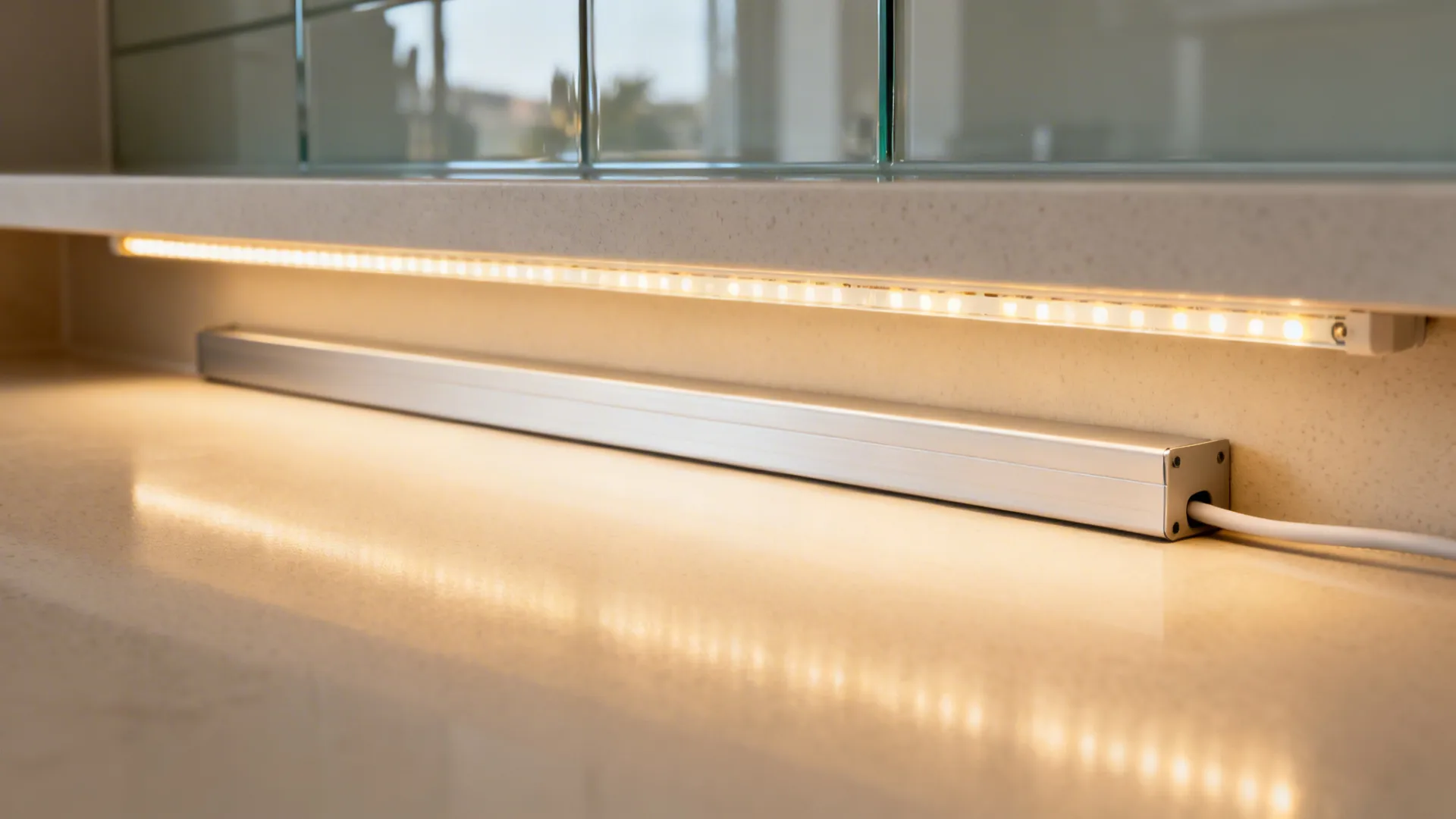 Macro view of an under-shelf LED strip with clean channel and warm even light.