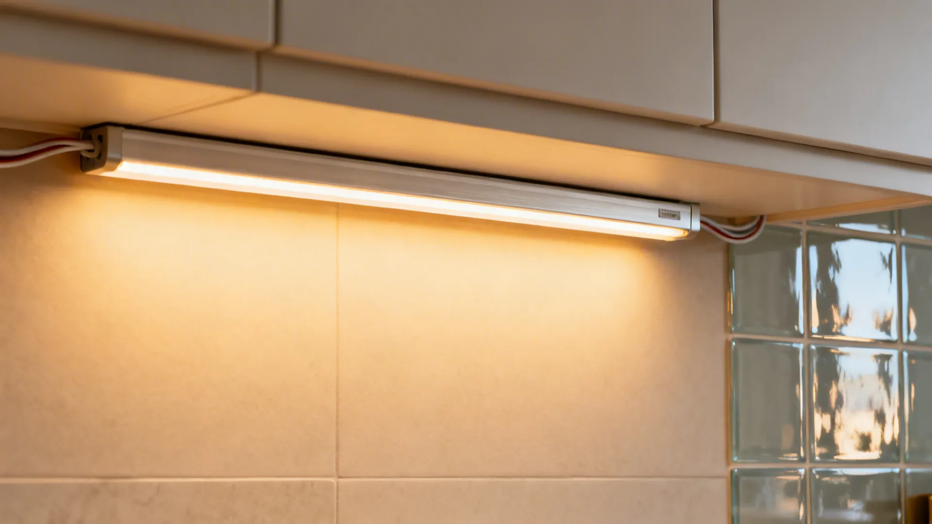 Close-up of a diffused under-cabinet LED strip casting an even warm light on the backsplash.