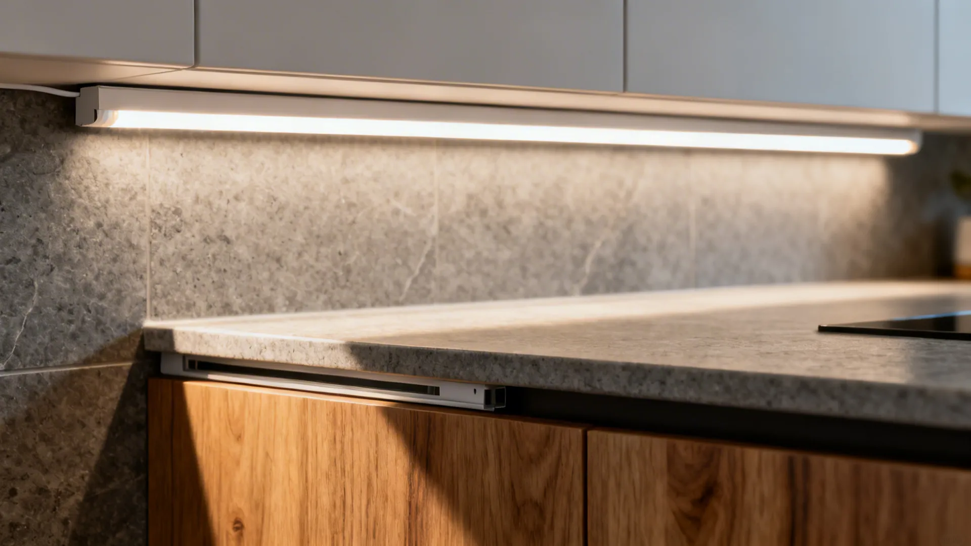 Modern kitchen detail with light fixture under white cabinets illuminating a grey stone countertop and backsplash