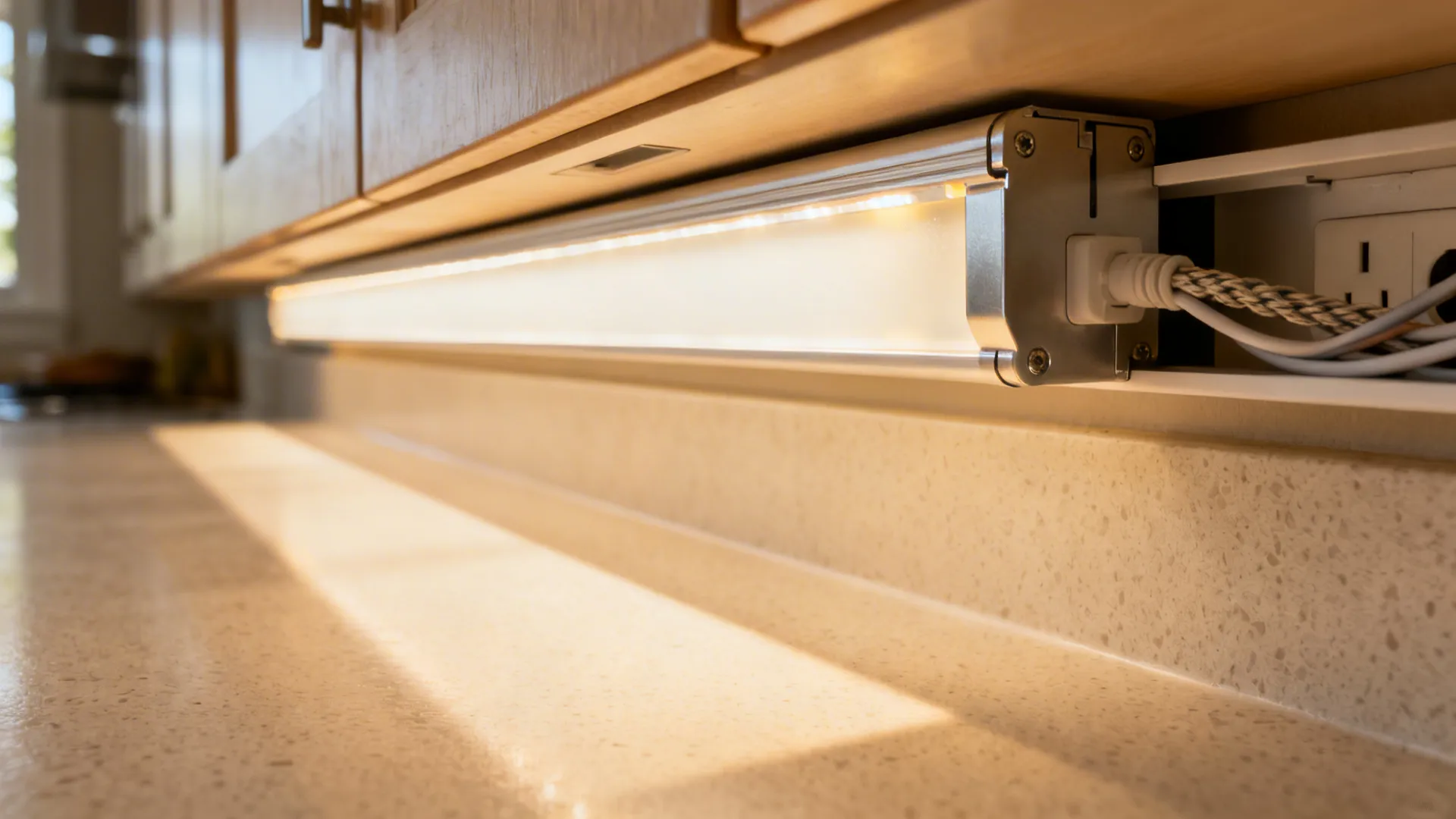 Macro of under-cabinet LED strip with diffuser casting warm 3000K light onto a matte countertop.