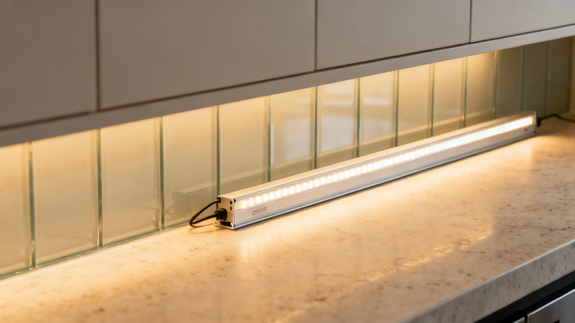 Warm led light strip placed on a white marble kitchen counter top under wall cabinet