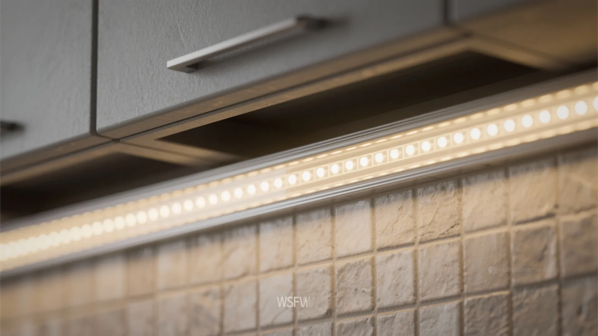 Macro of high-density LED strip in deep diffuser channel grazing a textured tile backsplash.