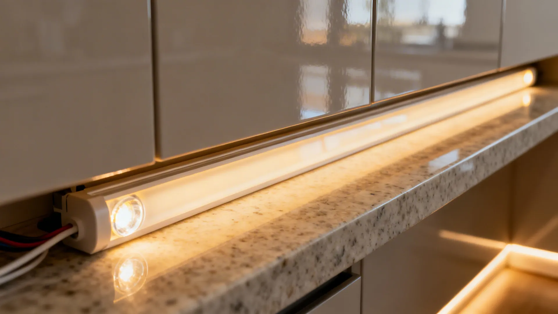 Macro of a diffused high-CRI under-cabinet LED strip casting warm light over a honed countertop edge.