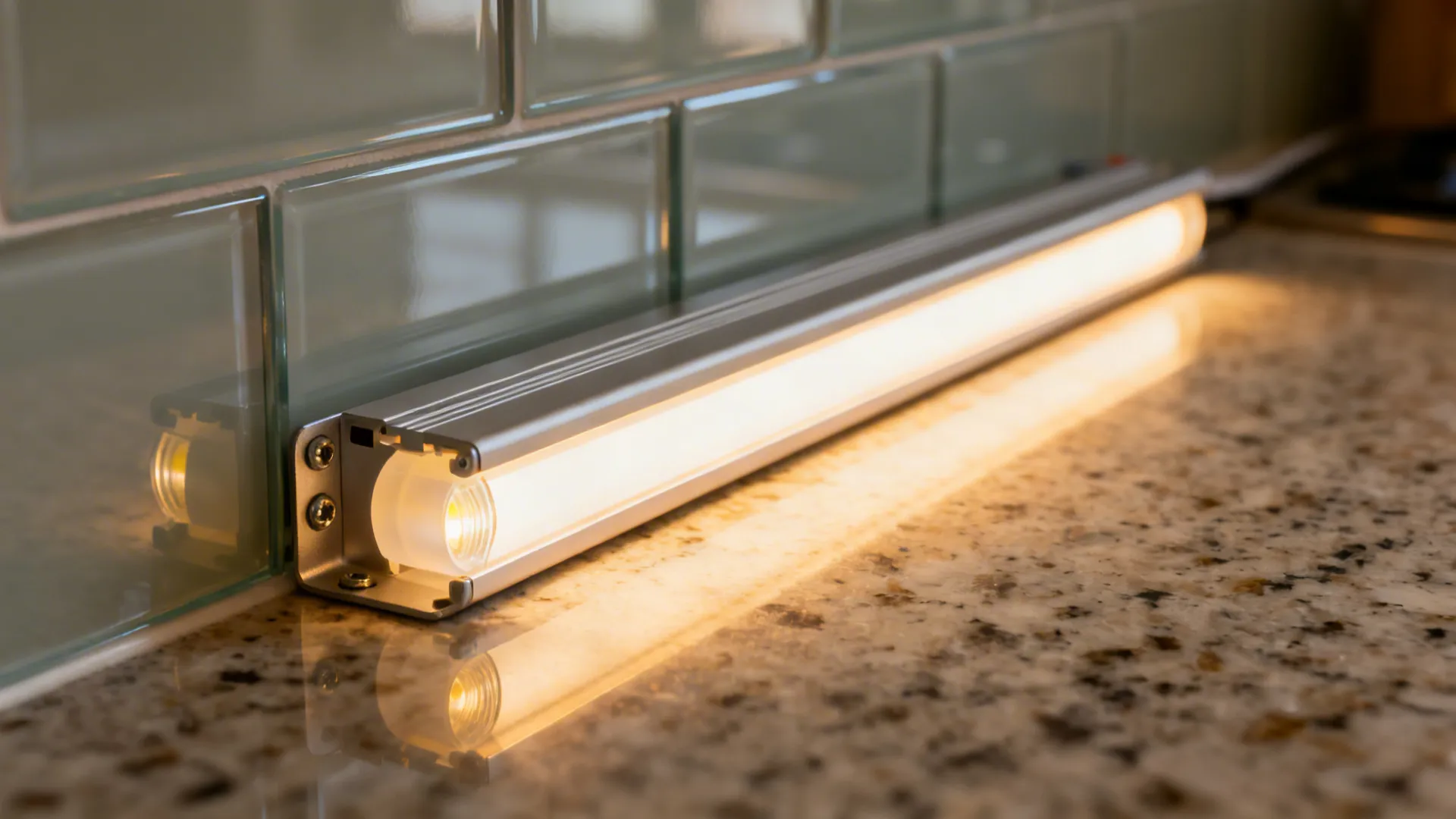 Close-up of LED strip in a diffuser channel casting warm, even task light.